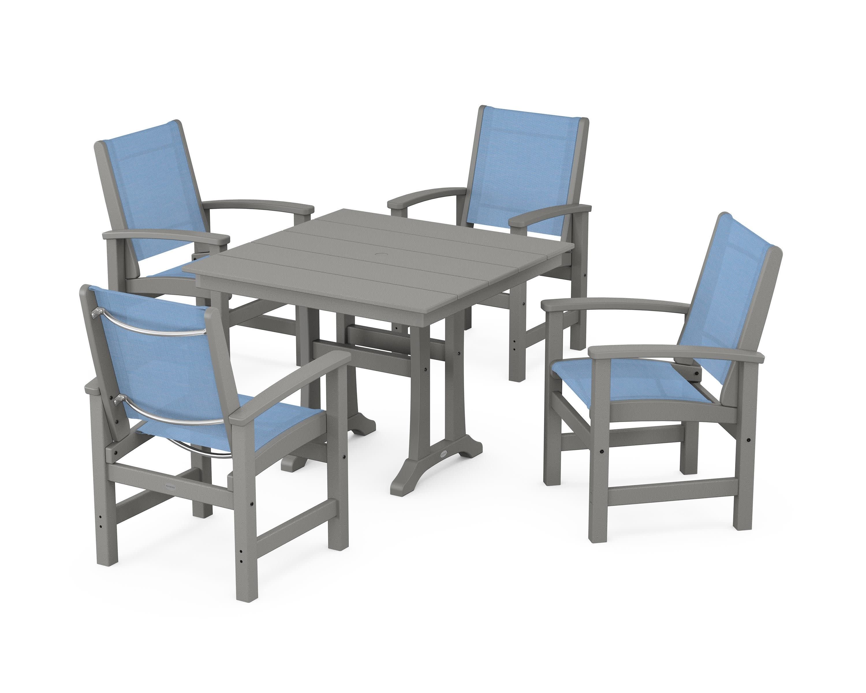 Coastal 5-Piece Farmhouse Dining Set With Trestle Legs in Slate Grey / Poolside Sling