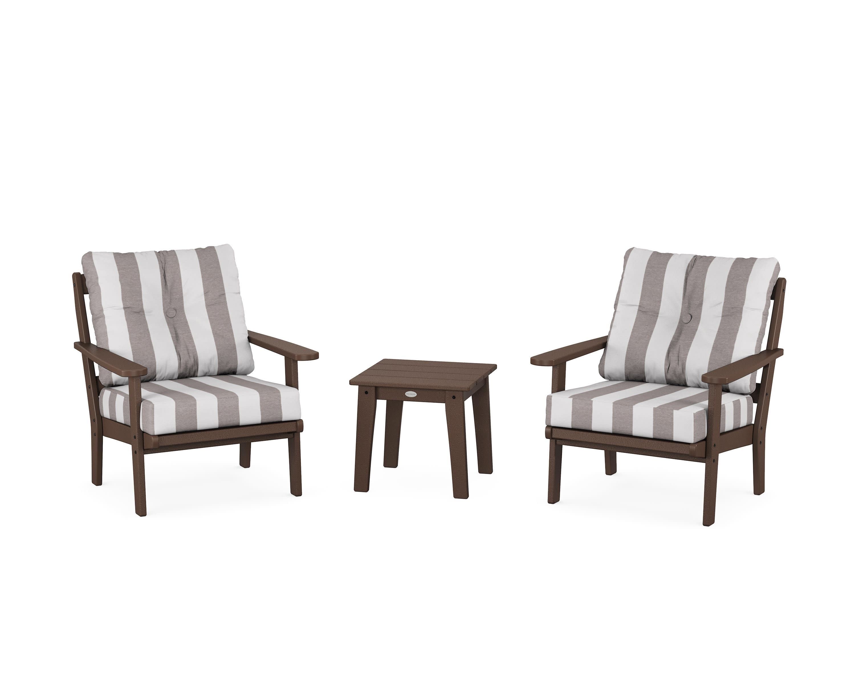 Mission 3-Piece Deep Seating Set in Mahogany / Cabana Stripe Grey Mist