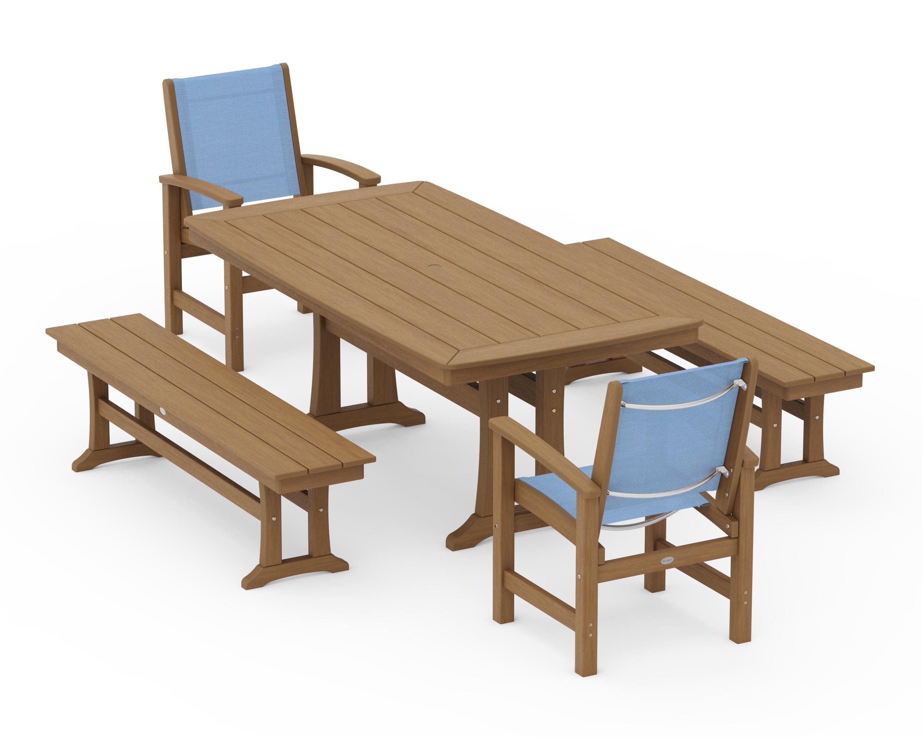 Coastal 5-Piece Dining Set with Trestle Legs and Benches in Natural / Poolside Sling