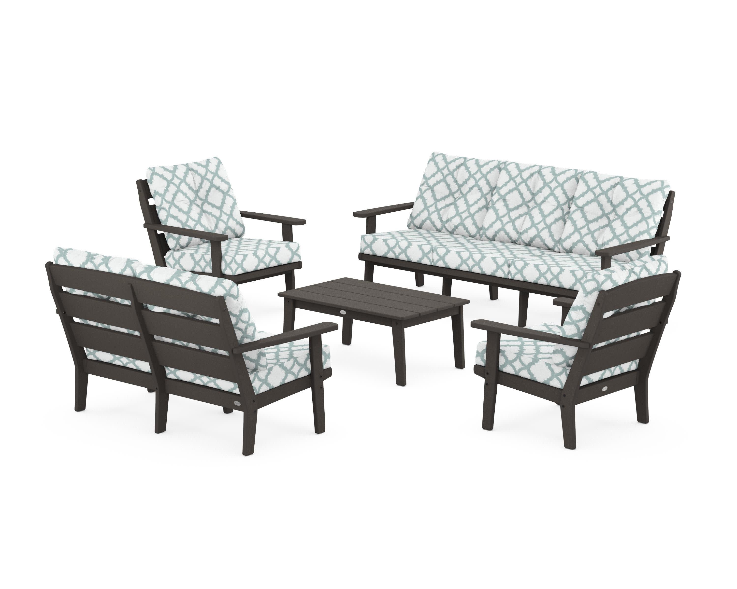Lakeside 5-Piece Lounge Sofa Set in Vintage Coffee / Trellis Glacier Spa