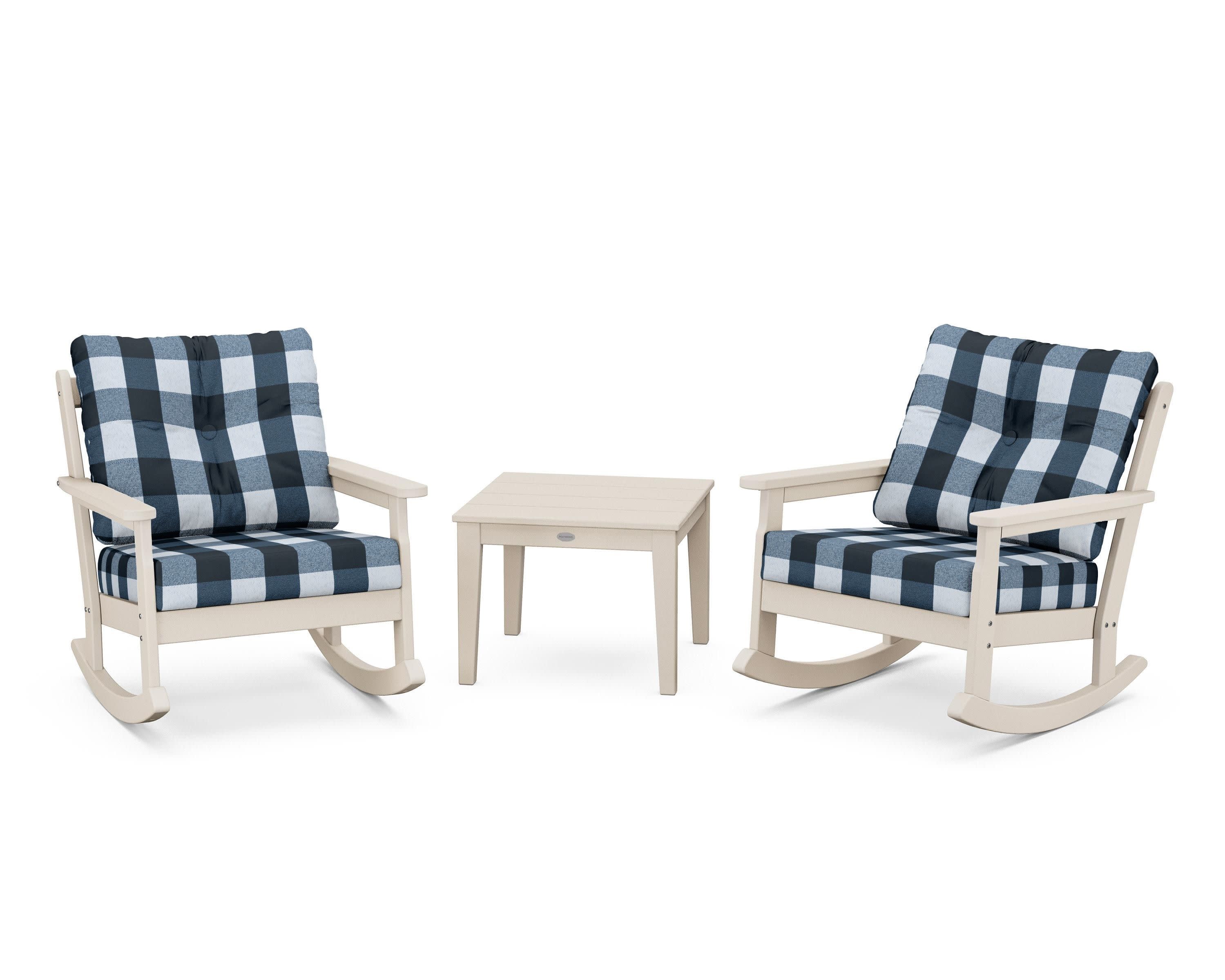 Vineyard 3-Piece Deep Seating Rocker Set in Sand / Buffalo Plaid Marine Indigo
