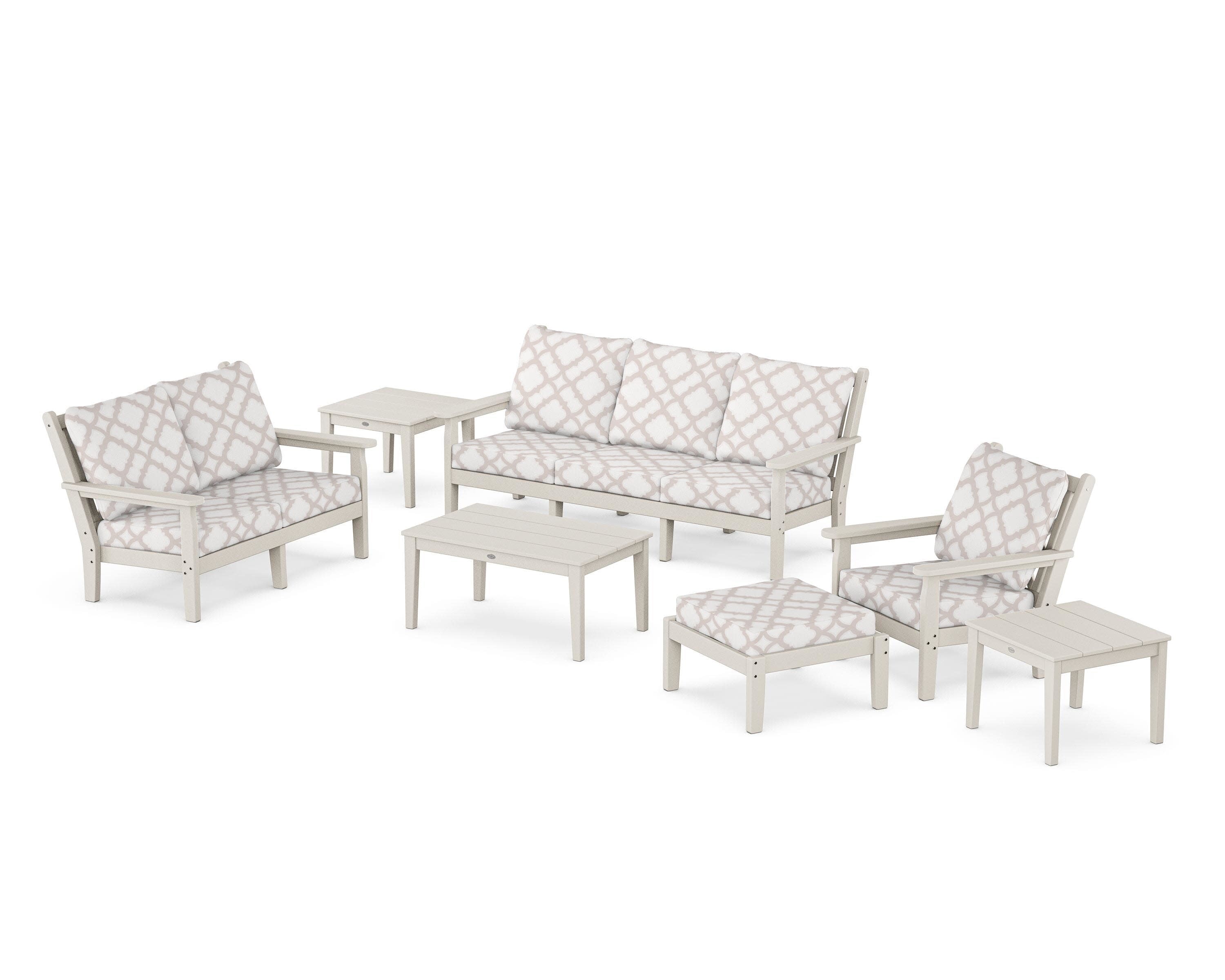 Chippendale 7-Piece Deep Seating Set in Sand / Trellis Dune Burlap