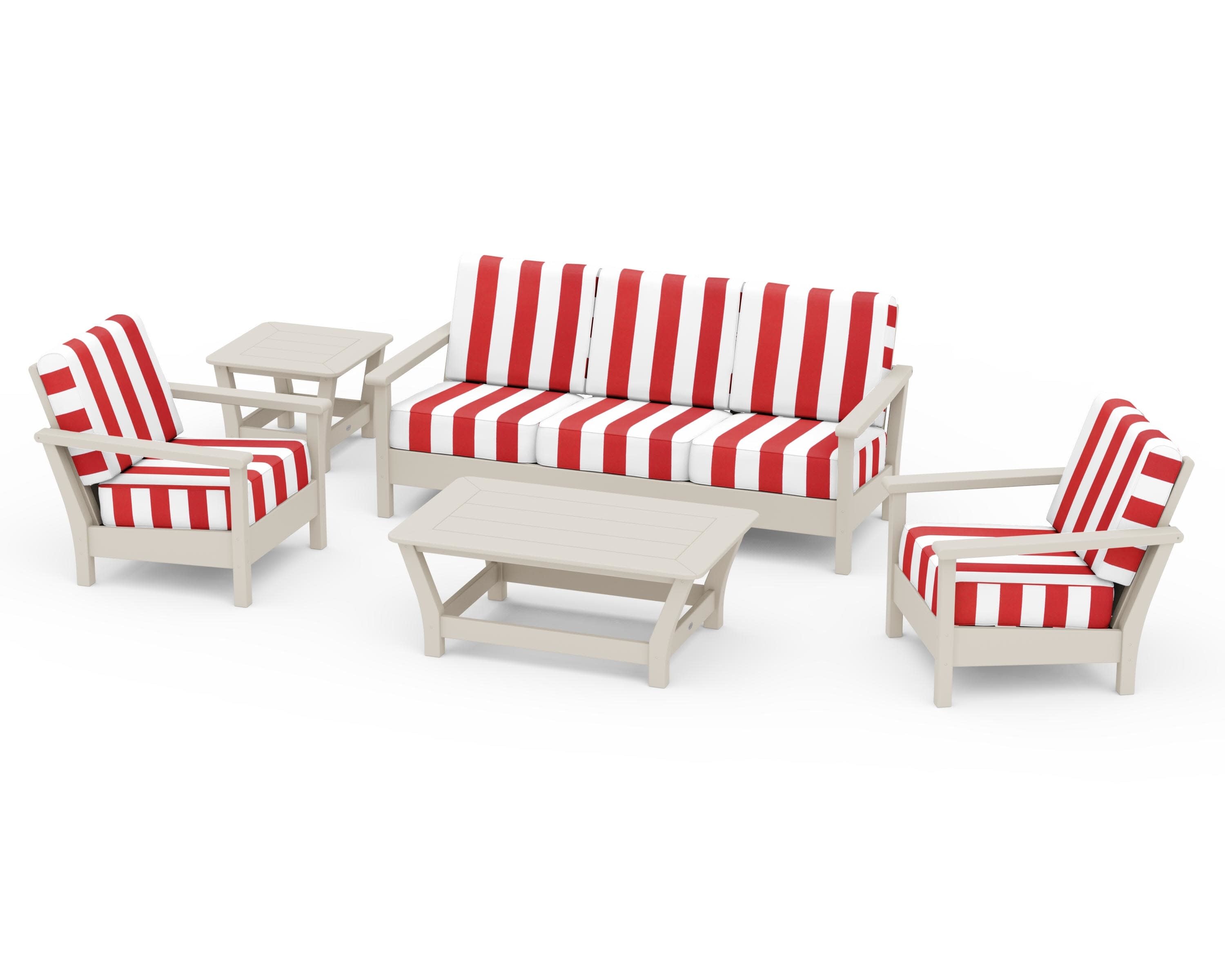 Harbour 5-Piece Deep Seating Set in Sand / Cabana Stripe Crimson