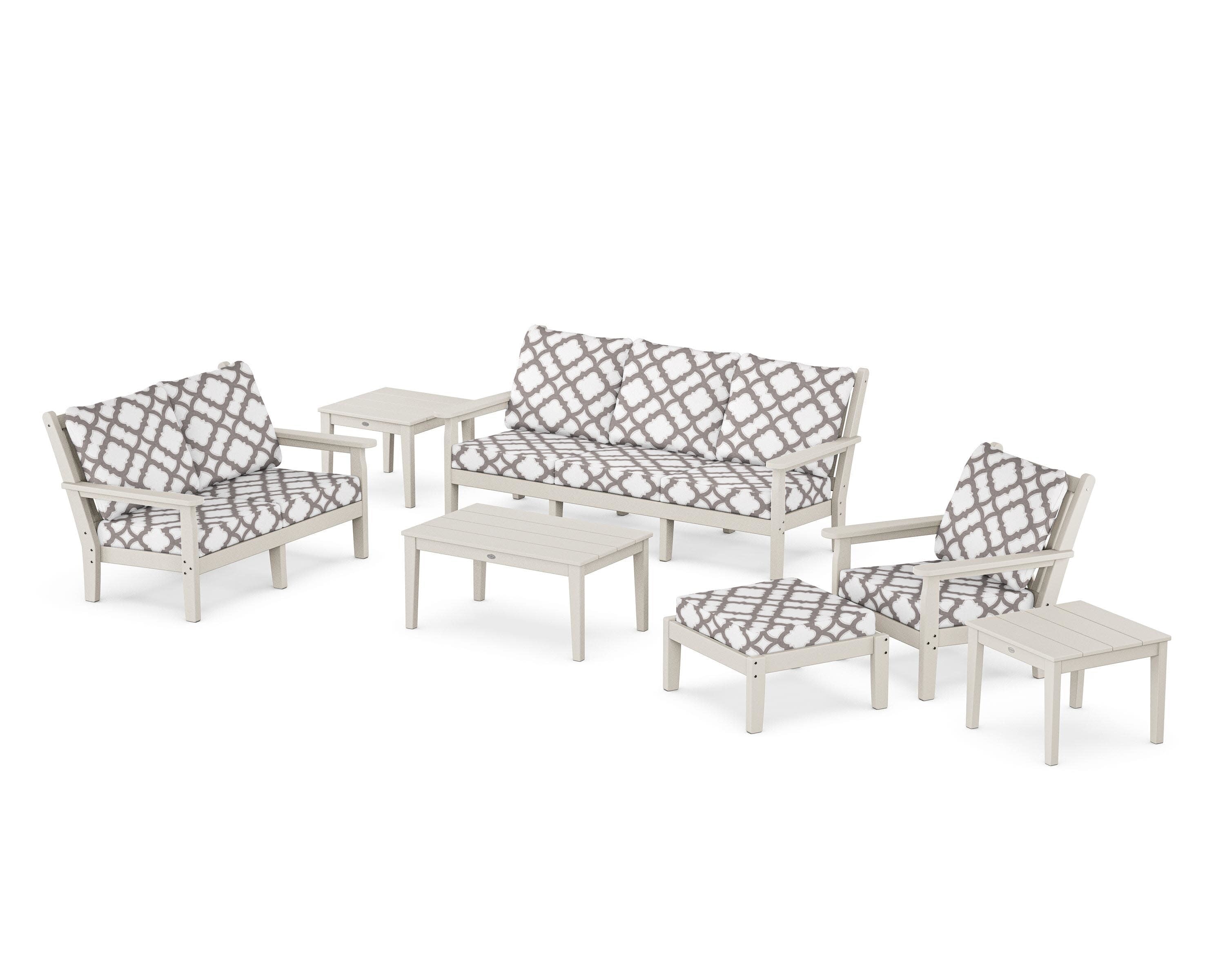 Chippendale 7-Piece Deep Seating Set in Sand / Trellis Grey Mist