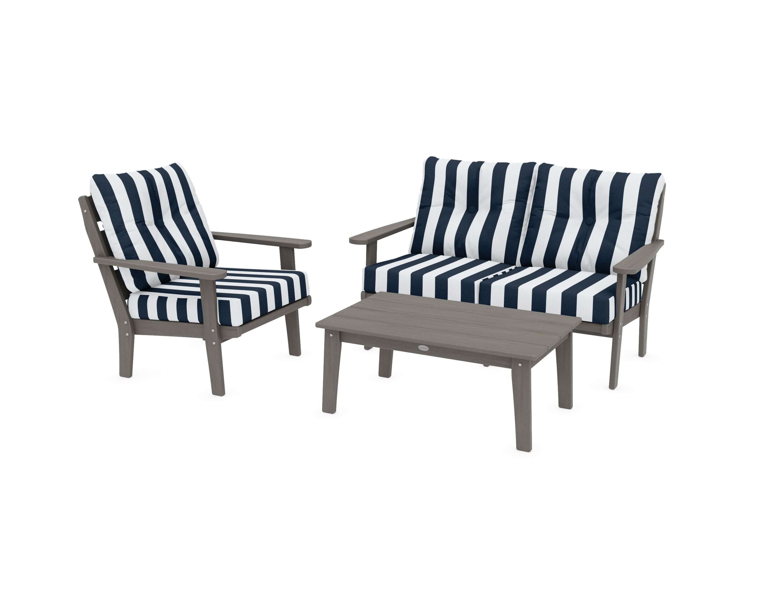 Lakeside 3-Piece Deep Seating Set in Driftwood / Cabana Stripe Marine Indigo