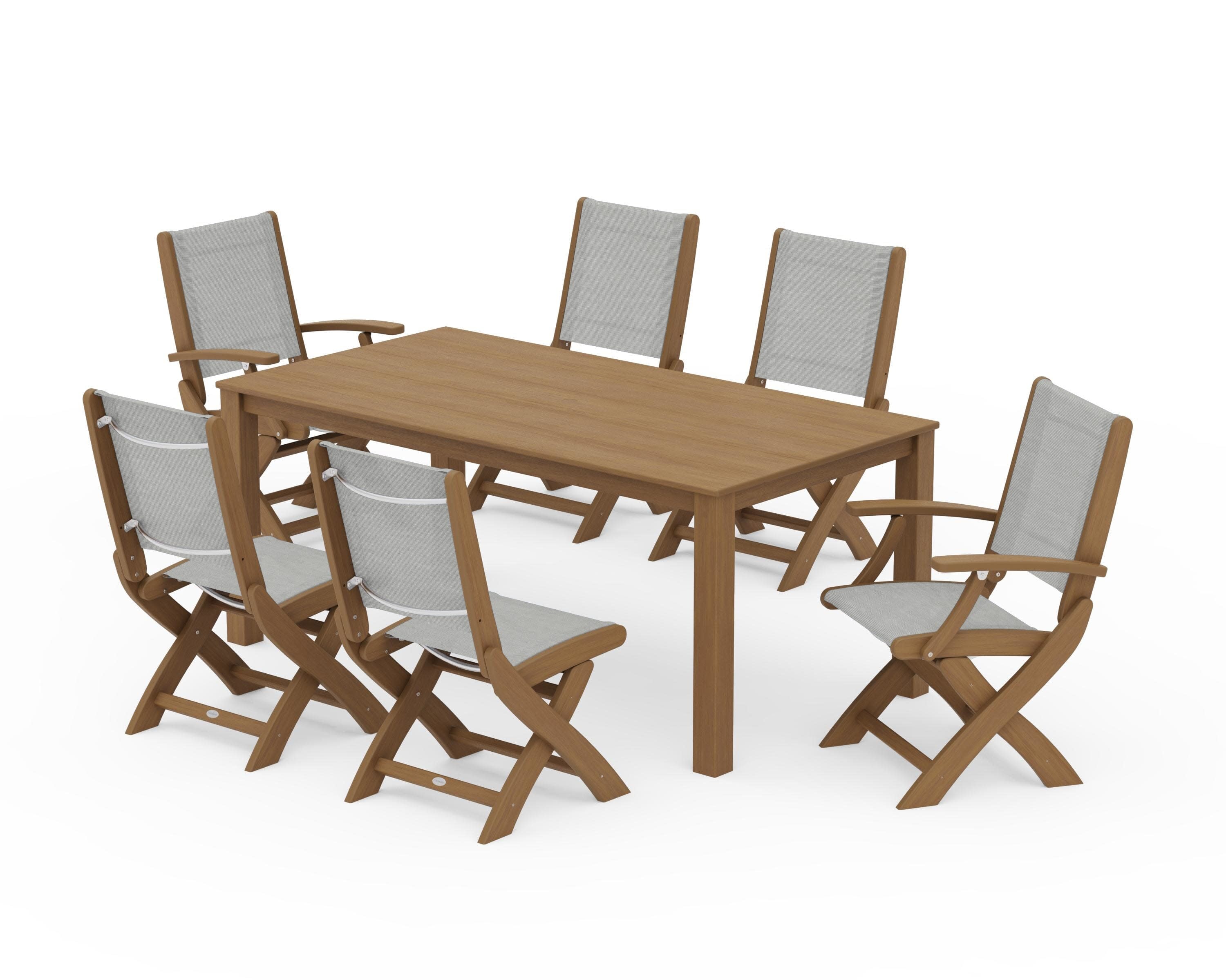 Coastal Folding Chair 7-Piece Parsons Dining Set in Natural / Metallic Sling