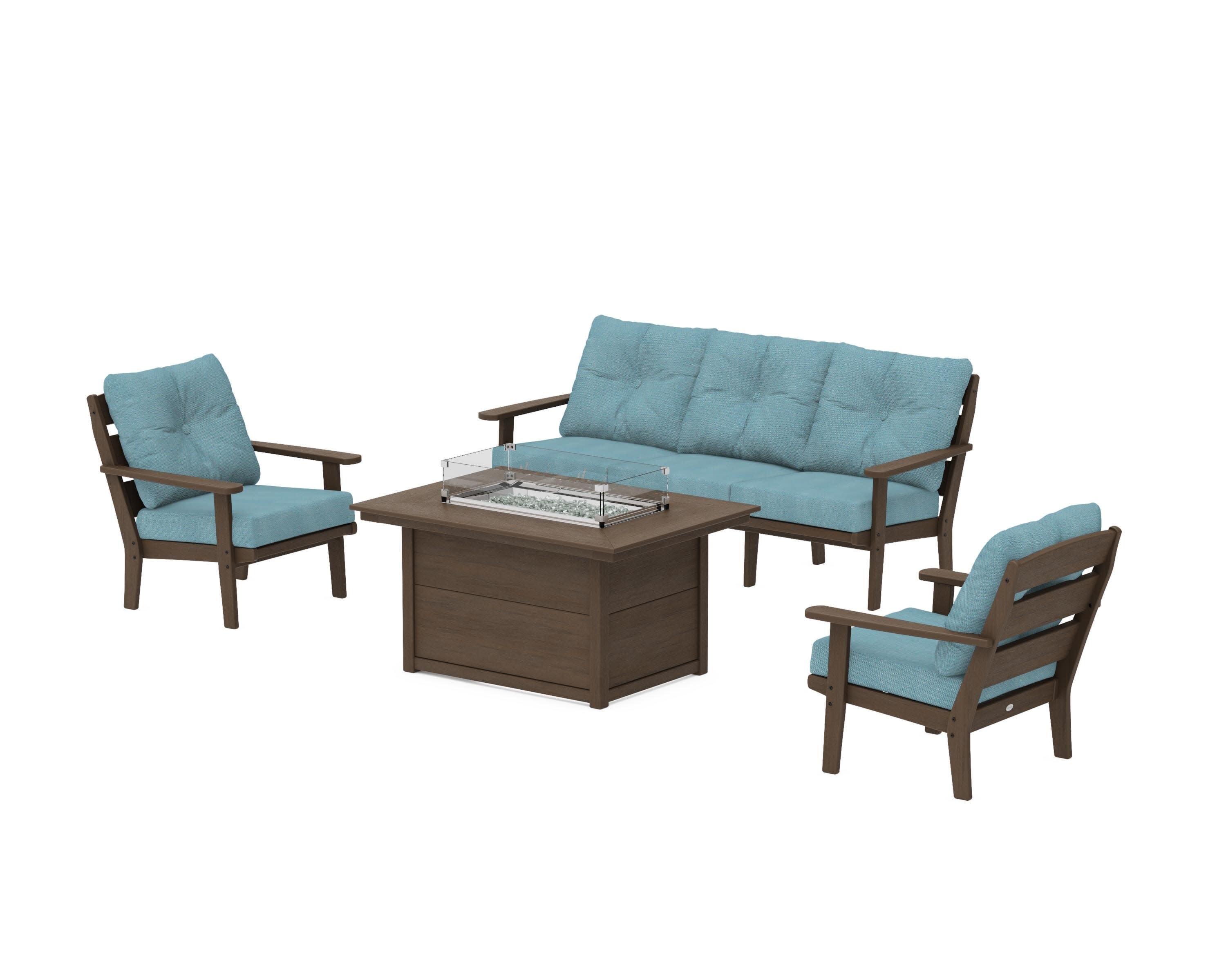 Lakeside Deep Seating Fire Pit Table Set in Kona / Lattice Sky Blue