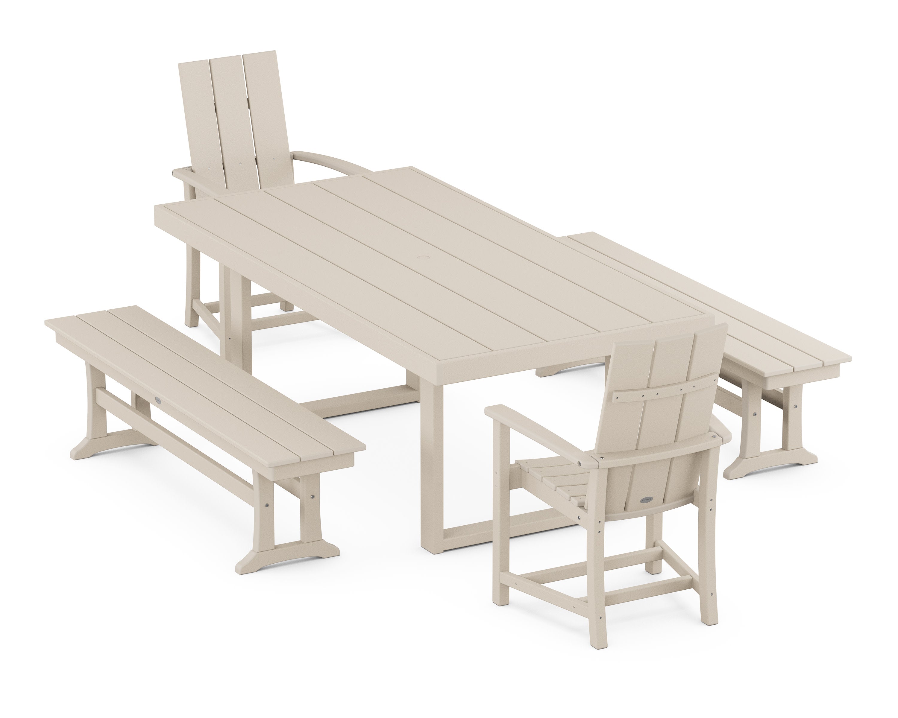Modern Adirondack 5-Piece Dining Set with Benches in Sand