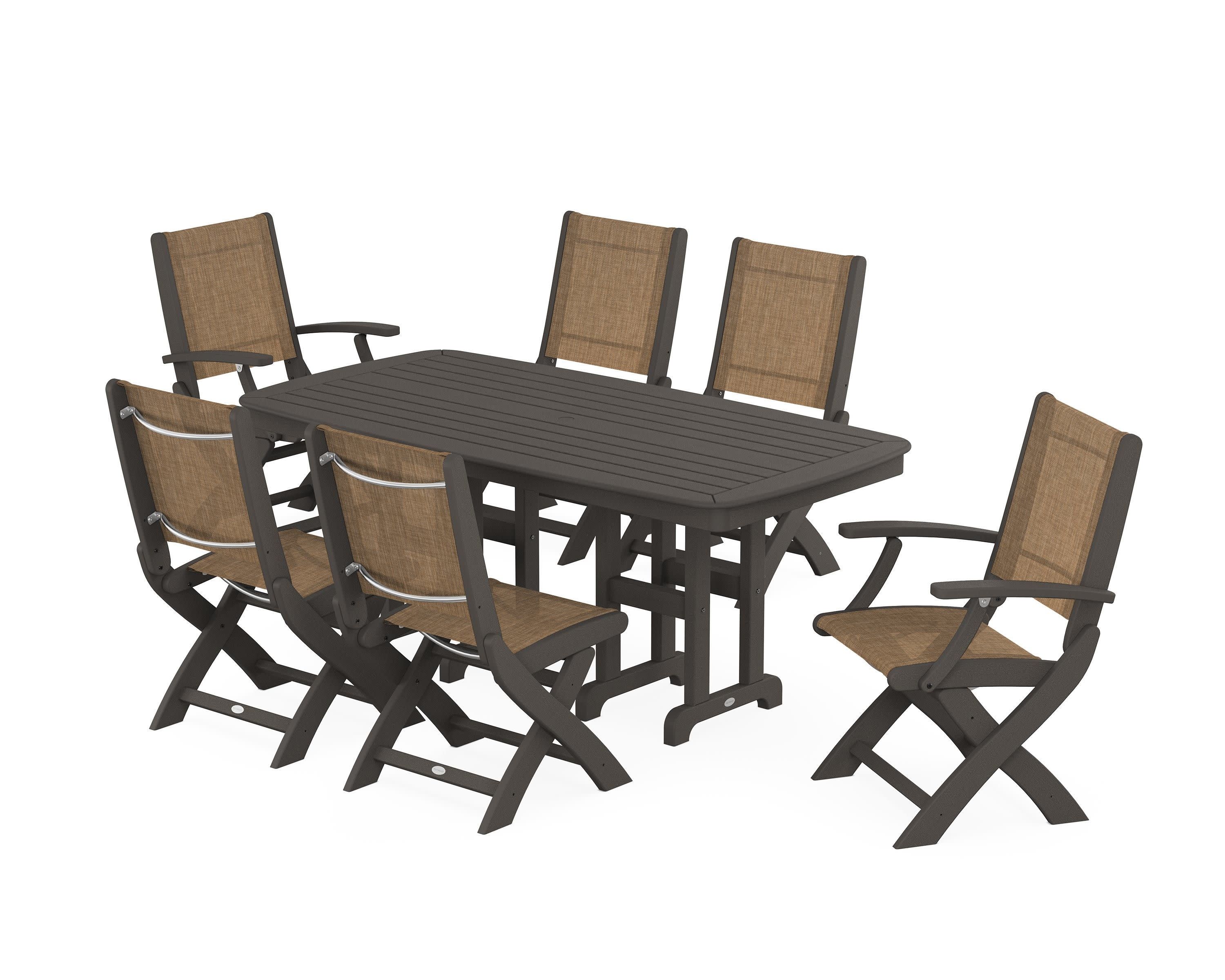 Coastal Folding Chair 7-Piece Dining Set in Vintage Coffee / Burlap Sling