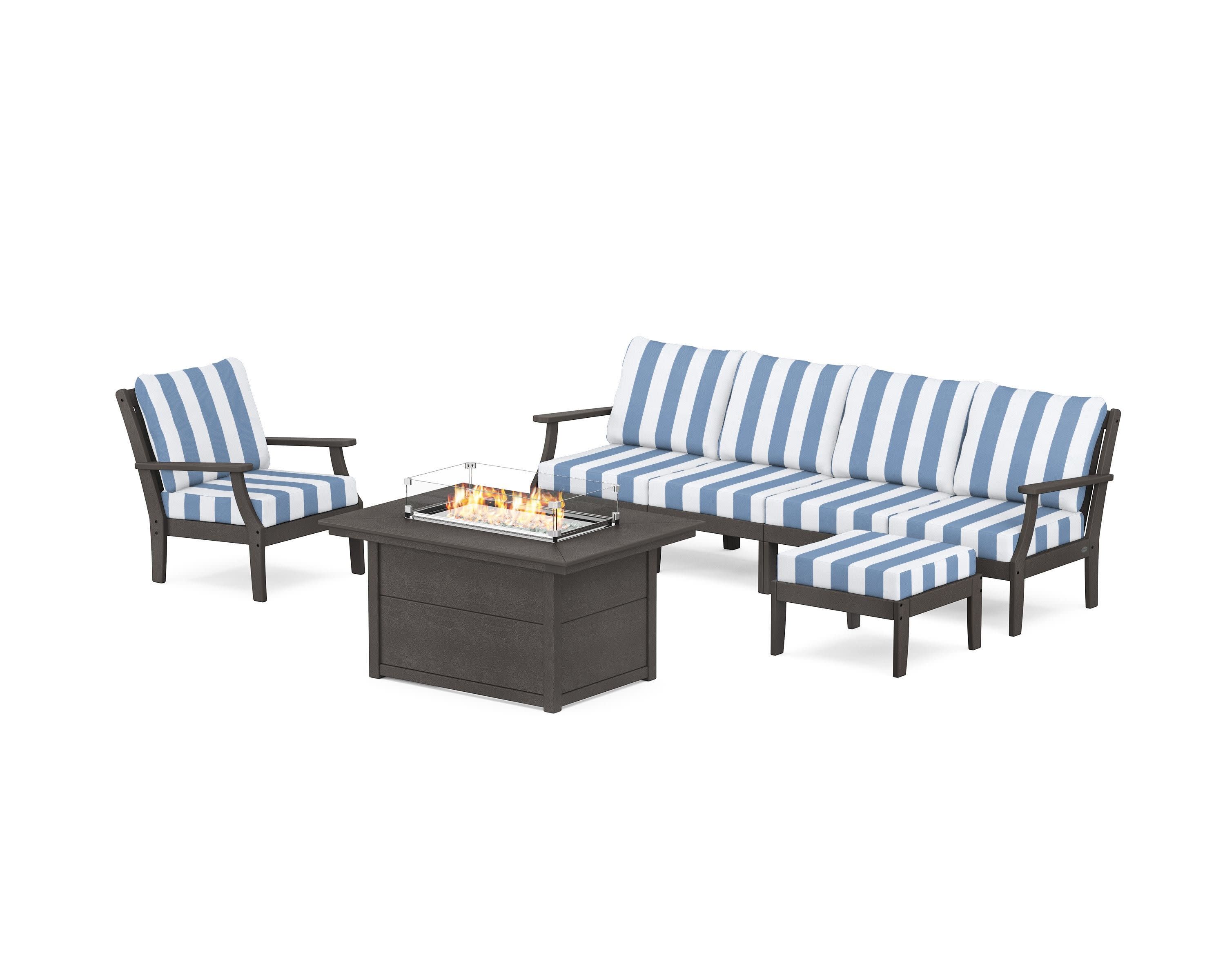 Braxton Sectional Lounge and Fire Pit Set in Vintage Coffee / Cabana Stripe Sky Blue