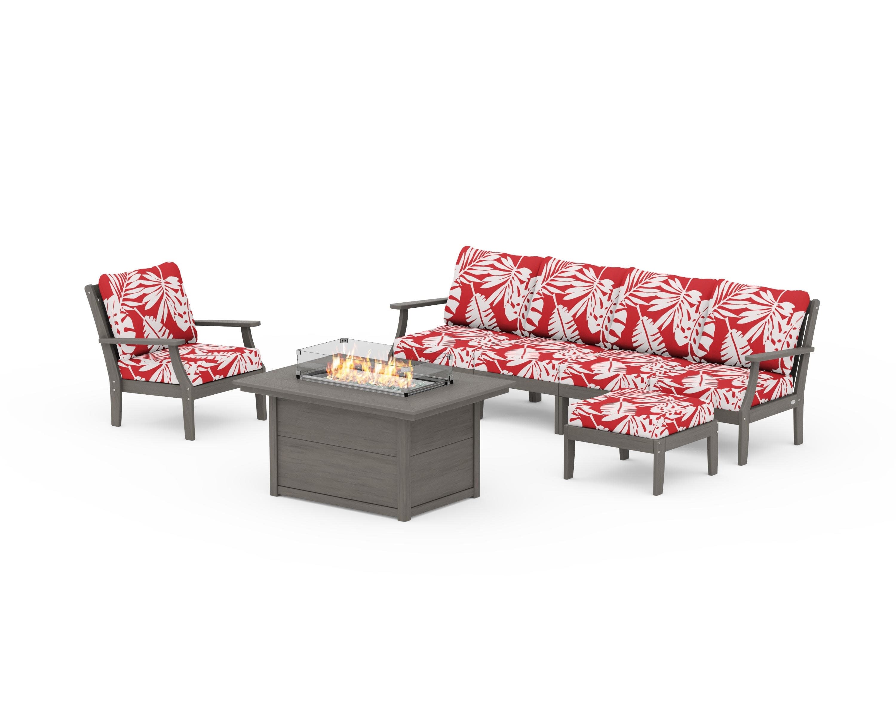 Braxton Sectional Lounge and Fire Pit Set in Driftwood / Leaf Crimson