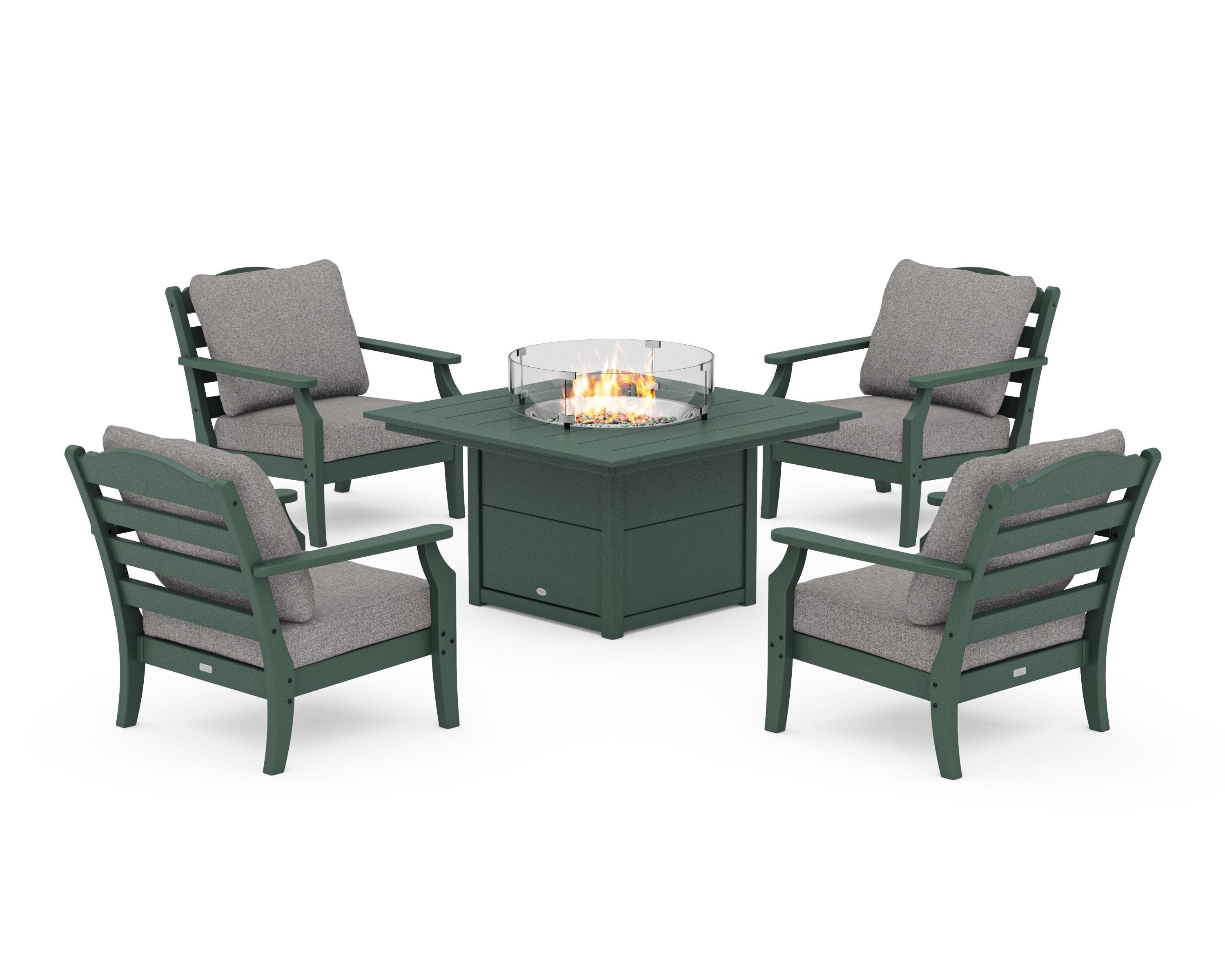 Savannah 5-Piece Deep Seating Set with Fire Pit Table in Green / Grey Mist