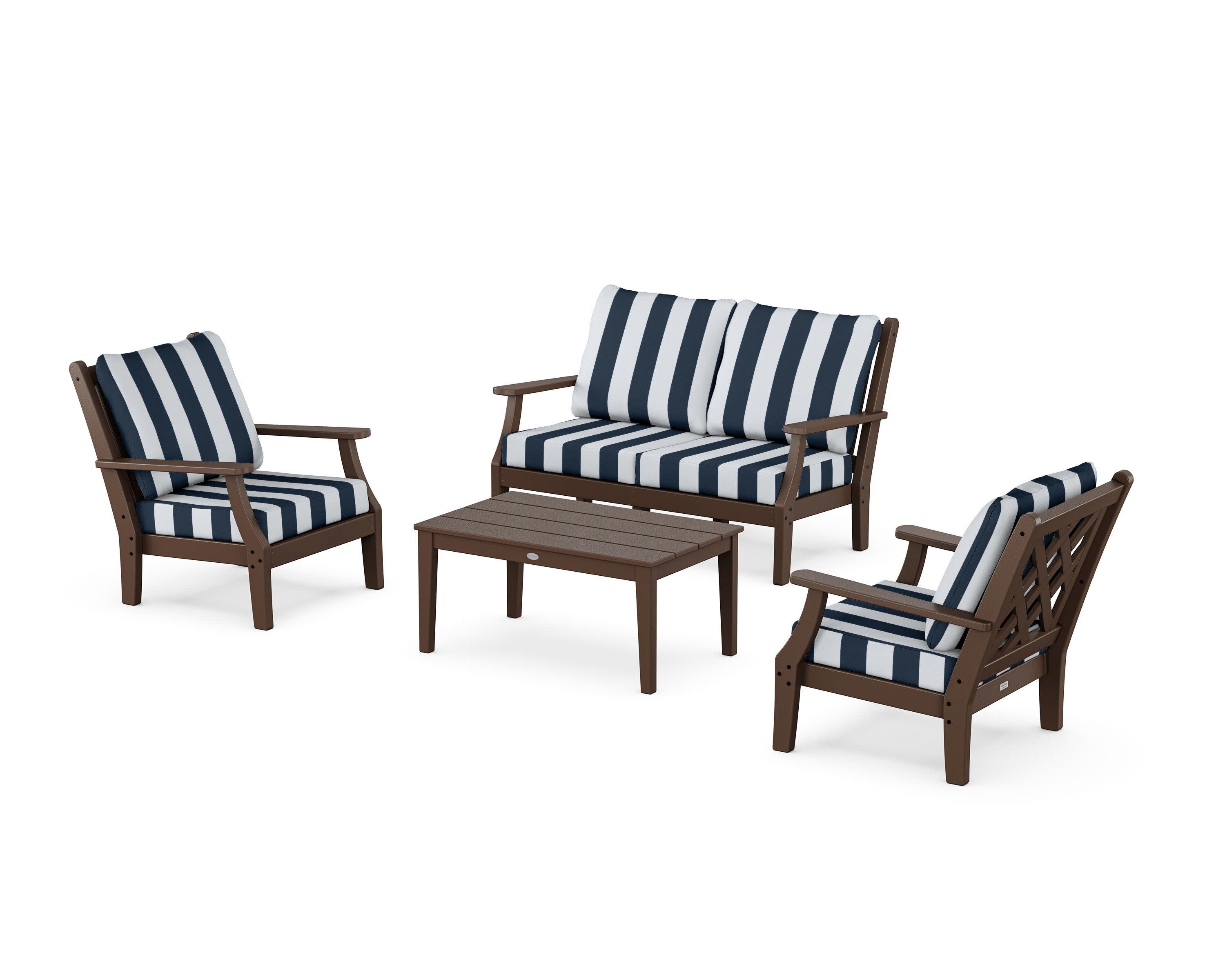 Wovendale 4-Piece Deep Seating Set with Loveseat in Mahogany / Cabana Stripe Marine Indigo