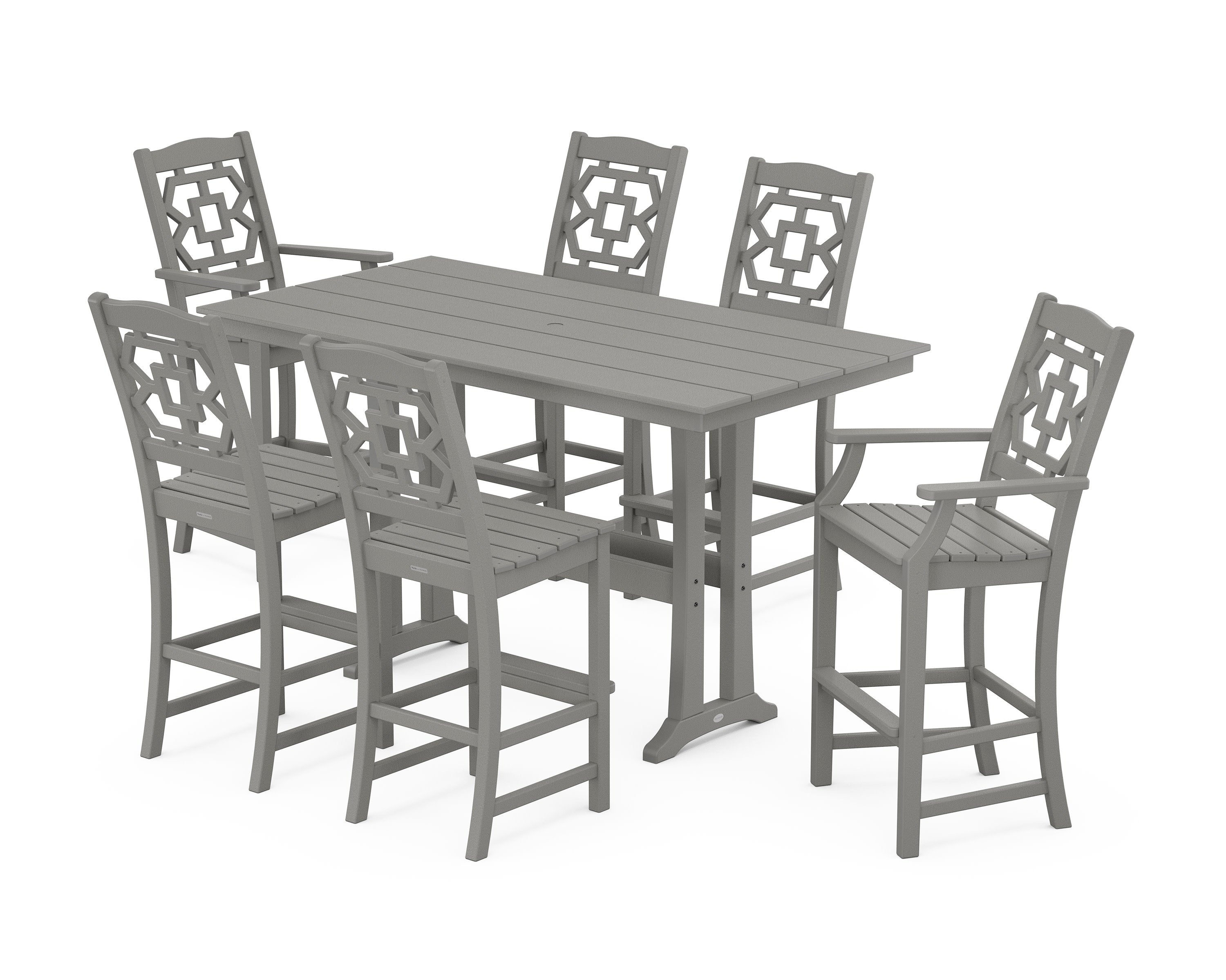 Chinoiserie 7-Piece Farmhouse Bar Set with Trestle Legs in Slate Grey