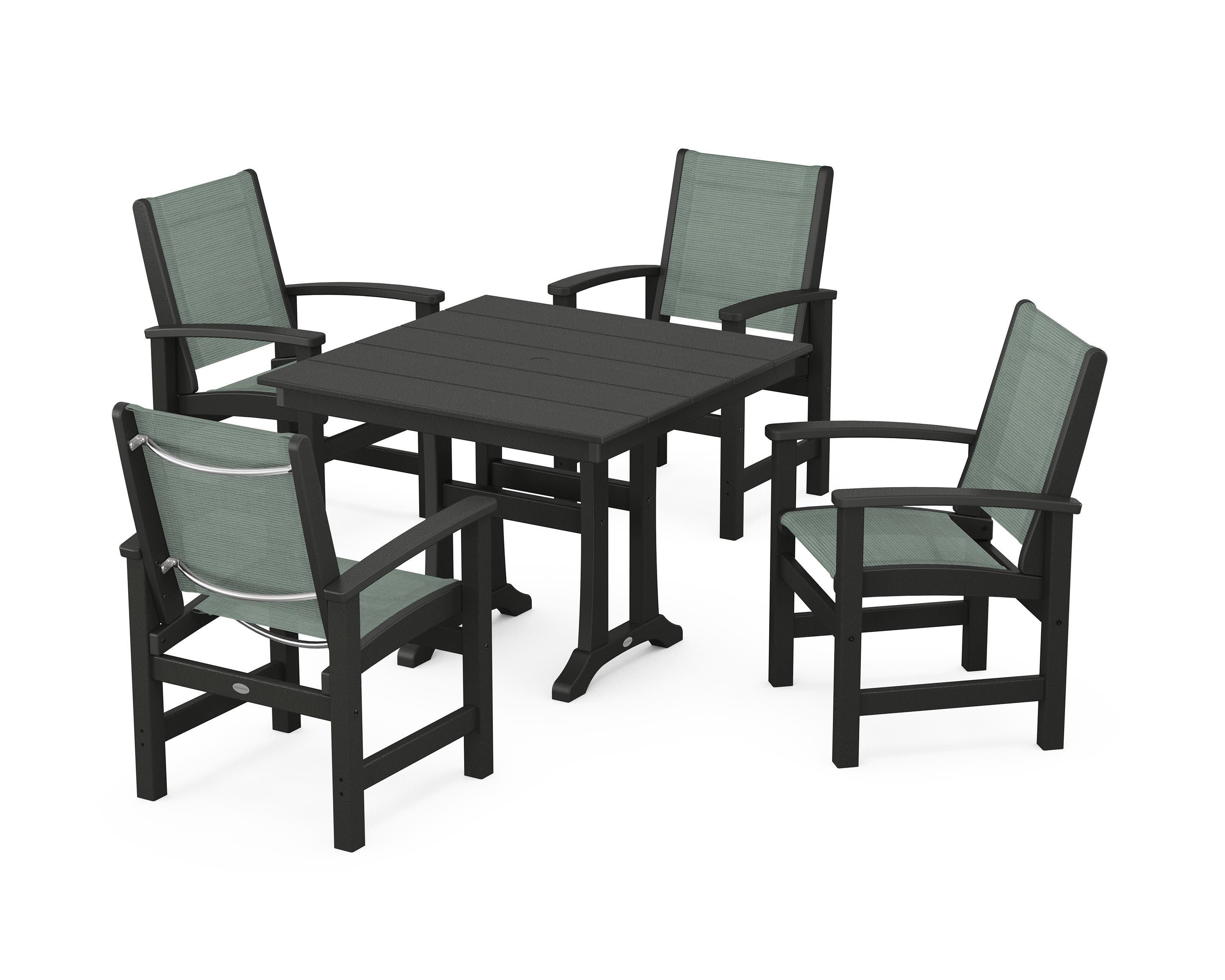 Coastal 5-Piece Farmhouse Dining Set With Trestle Legs in Black / Dupioni Sea Mist Sling