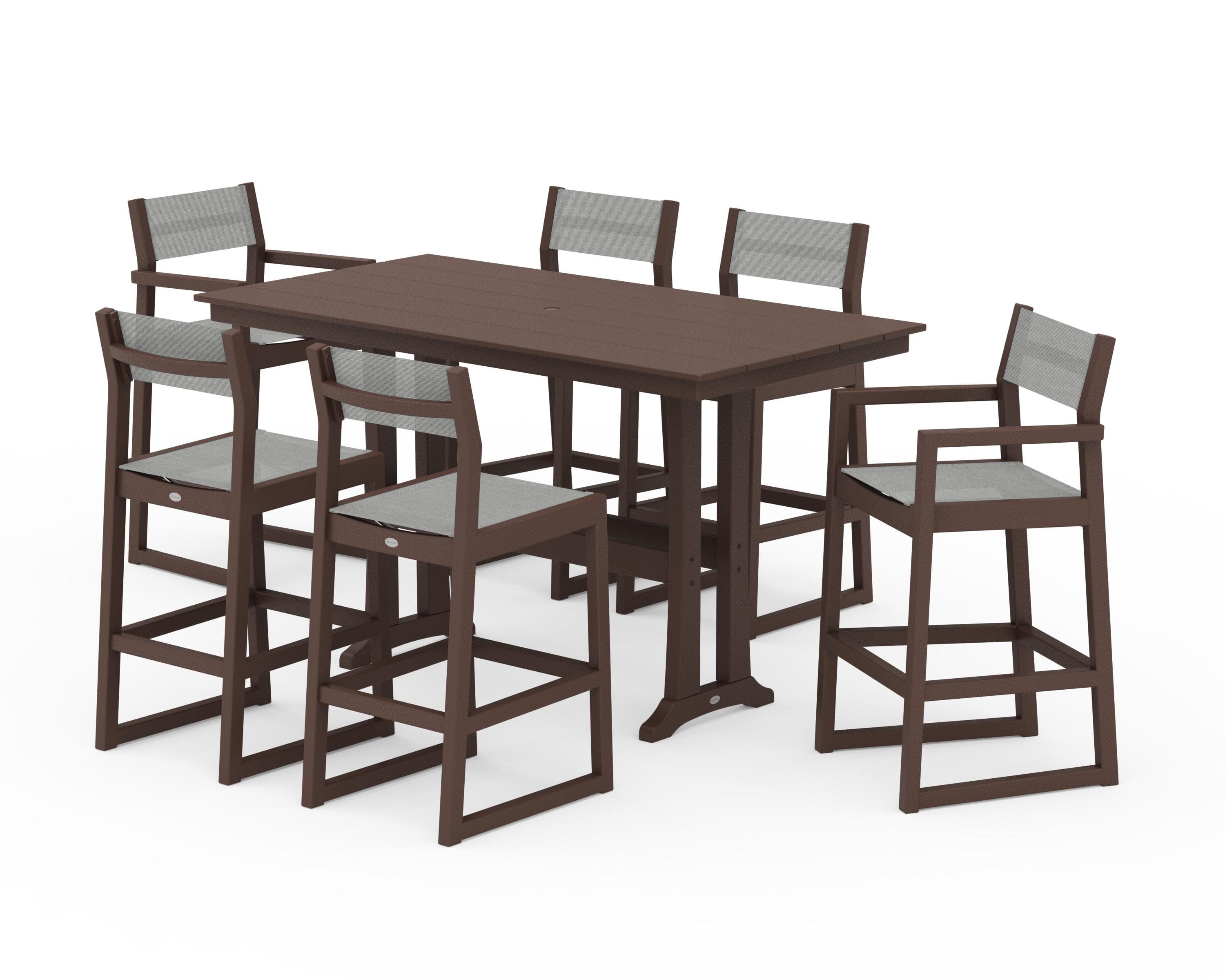 EDGE Sling 7-Piece Farmhouse Bar Set with Trestle Legs in Mahogany / Metallic Sling