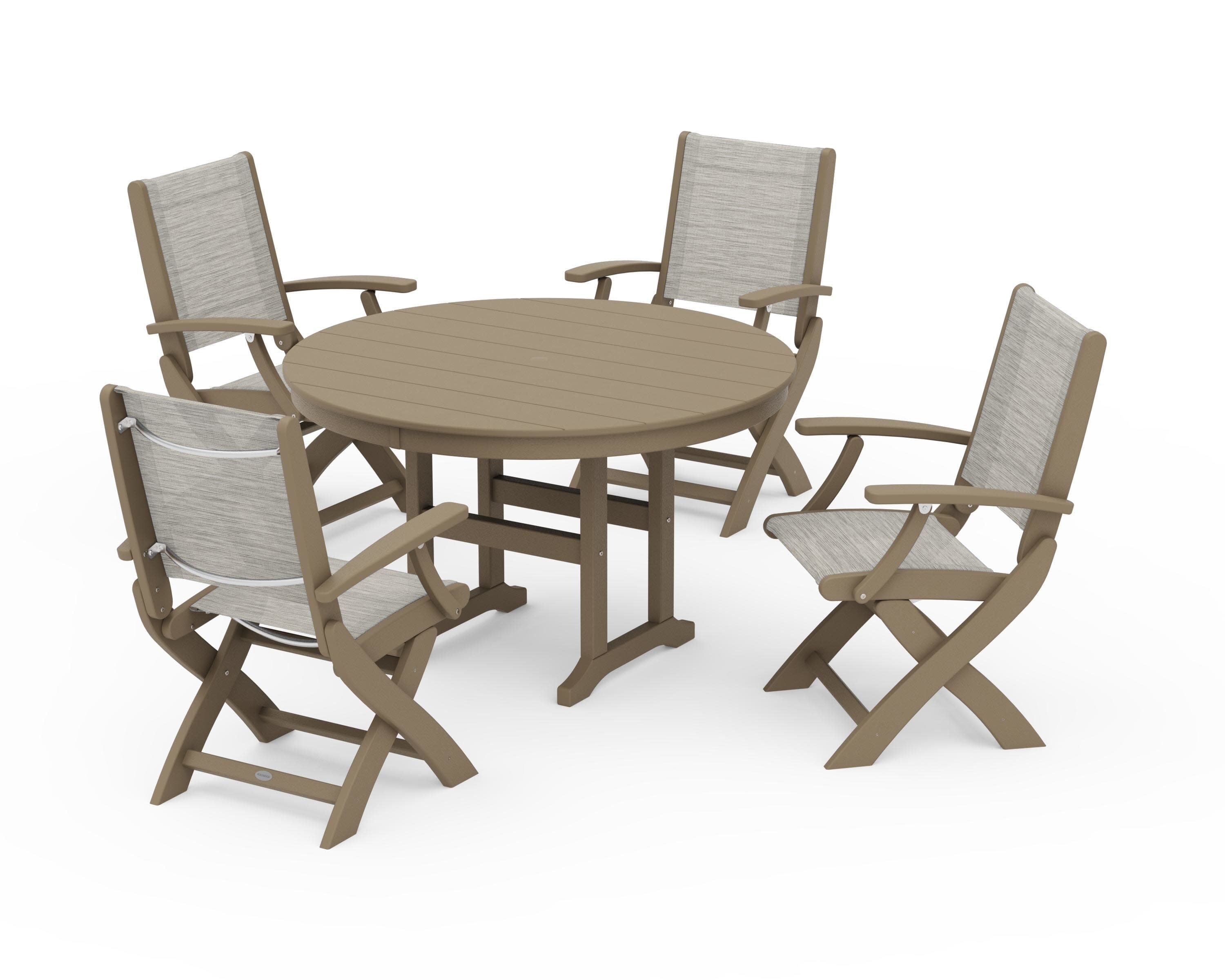 Coastal Folding Chair 5-Piece Round Dining Set in Vintage Sahara / Birch Sling