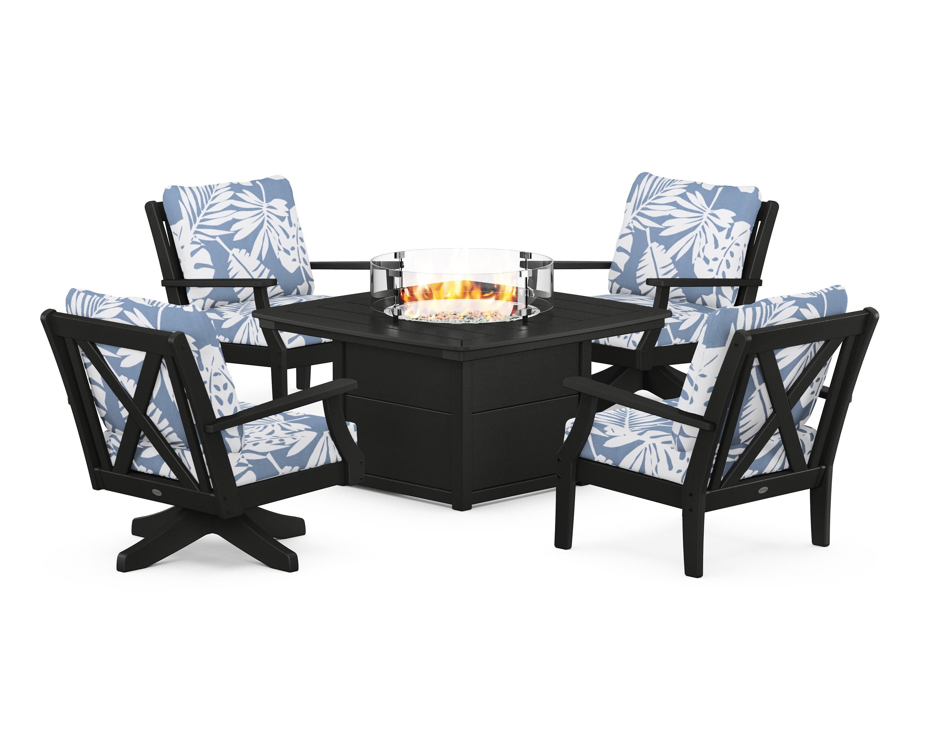 Braxton 5-Piece Deep Seating Set with Fire Table in Black / Leaf Sky Blue
