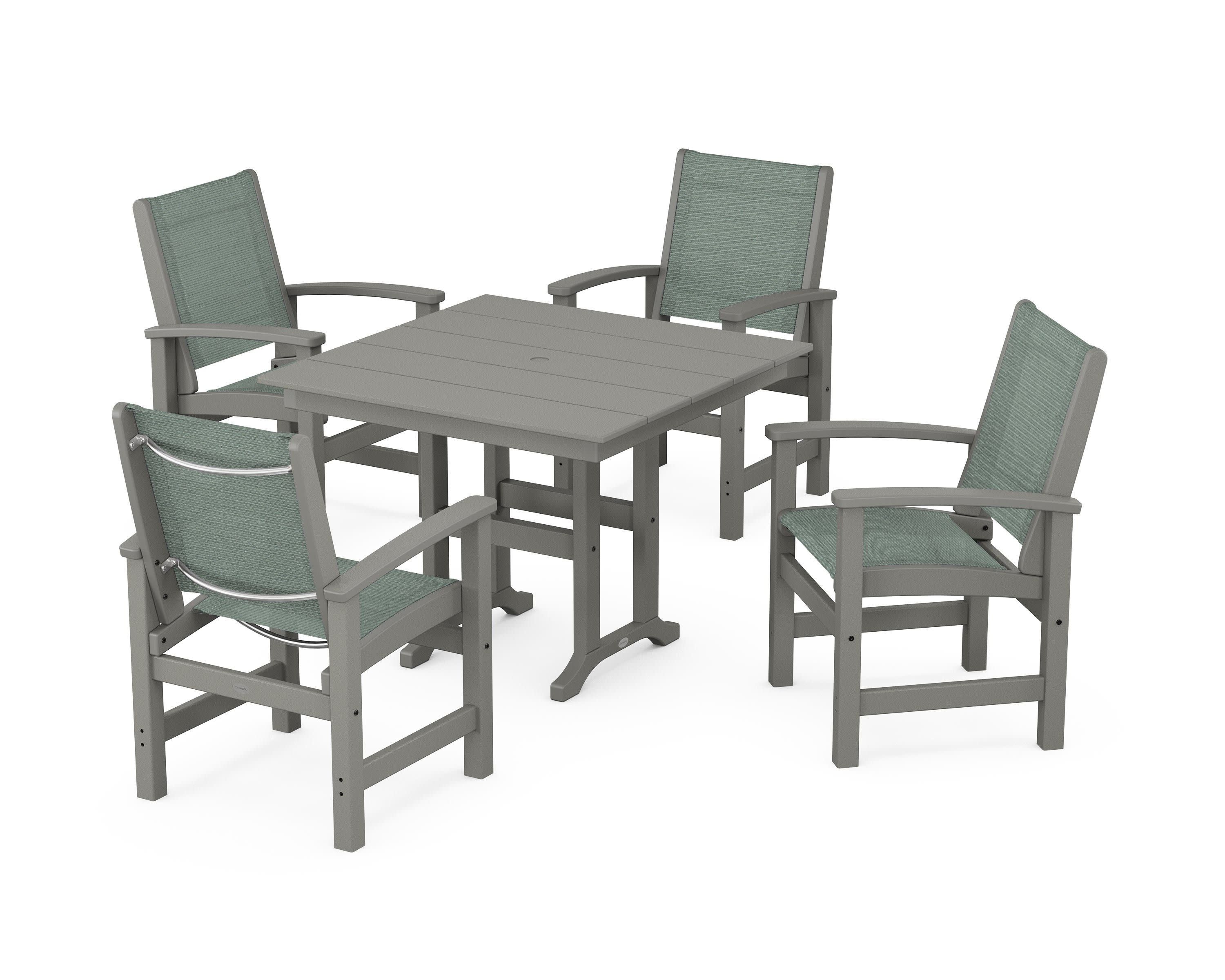 Coastal 5-Piece Farmhouse Dining Set in Slate Grey / Dupioni Sea Mist Sling