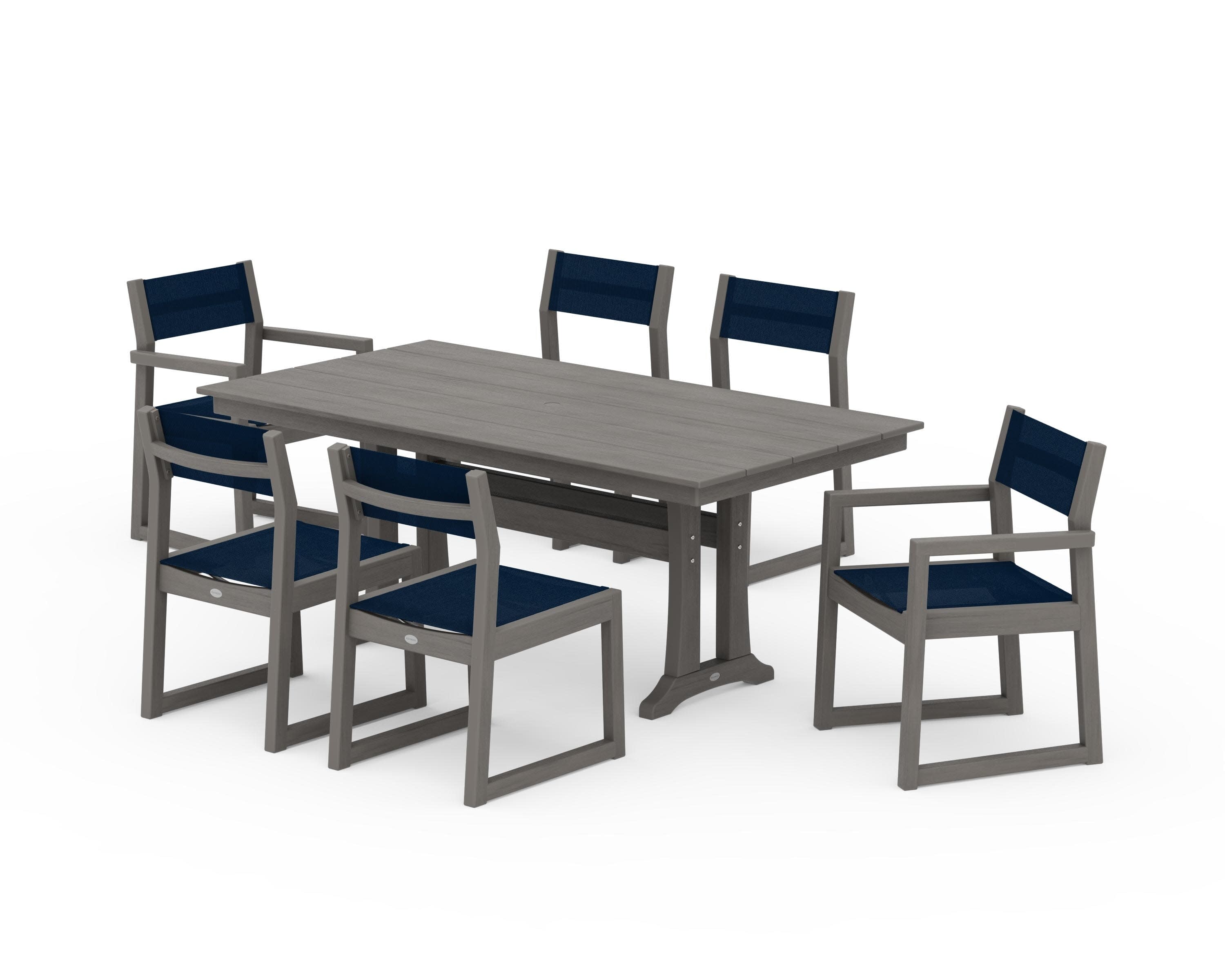 EDGE Sling 7-Piece Farmhouse Trestle Dining Set in Driftwood / Navy Blue Sling