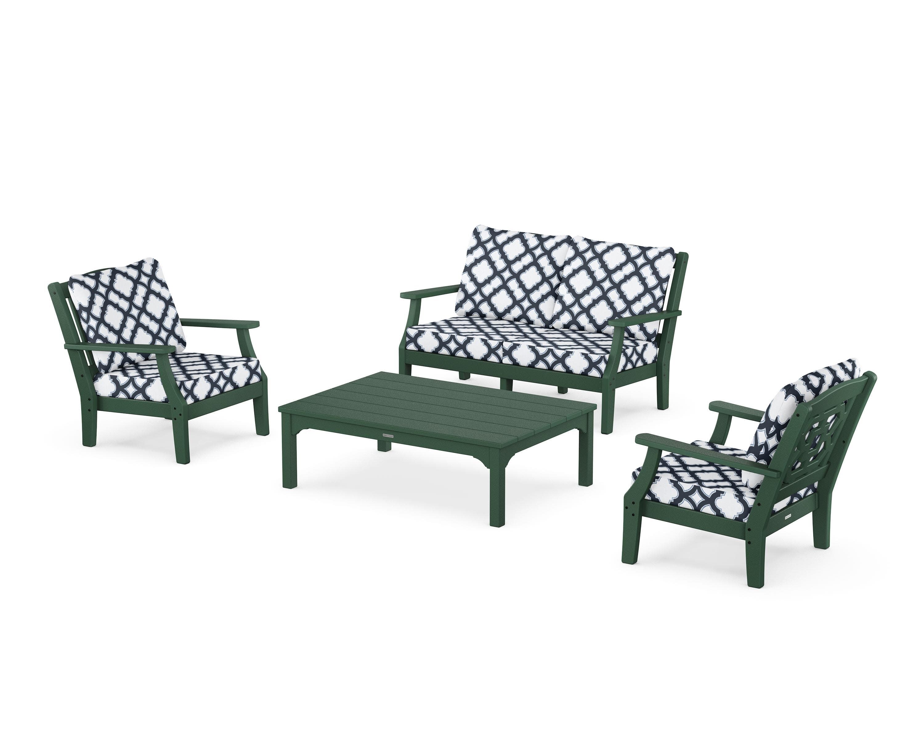 Chinoiserie 4-Piece Deep Seating Set with Loveseat in Green / Trellis Marine Indigo