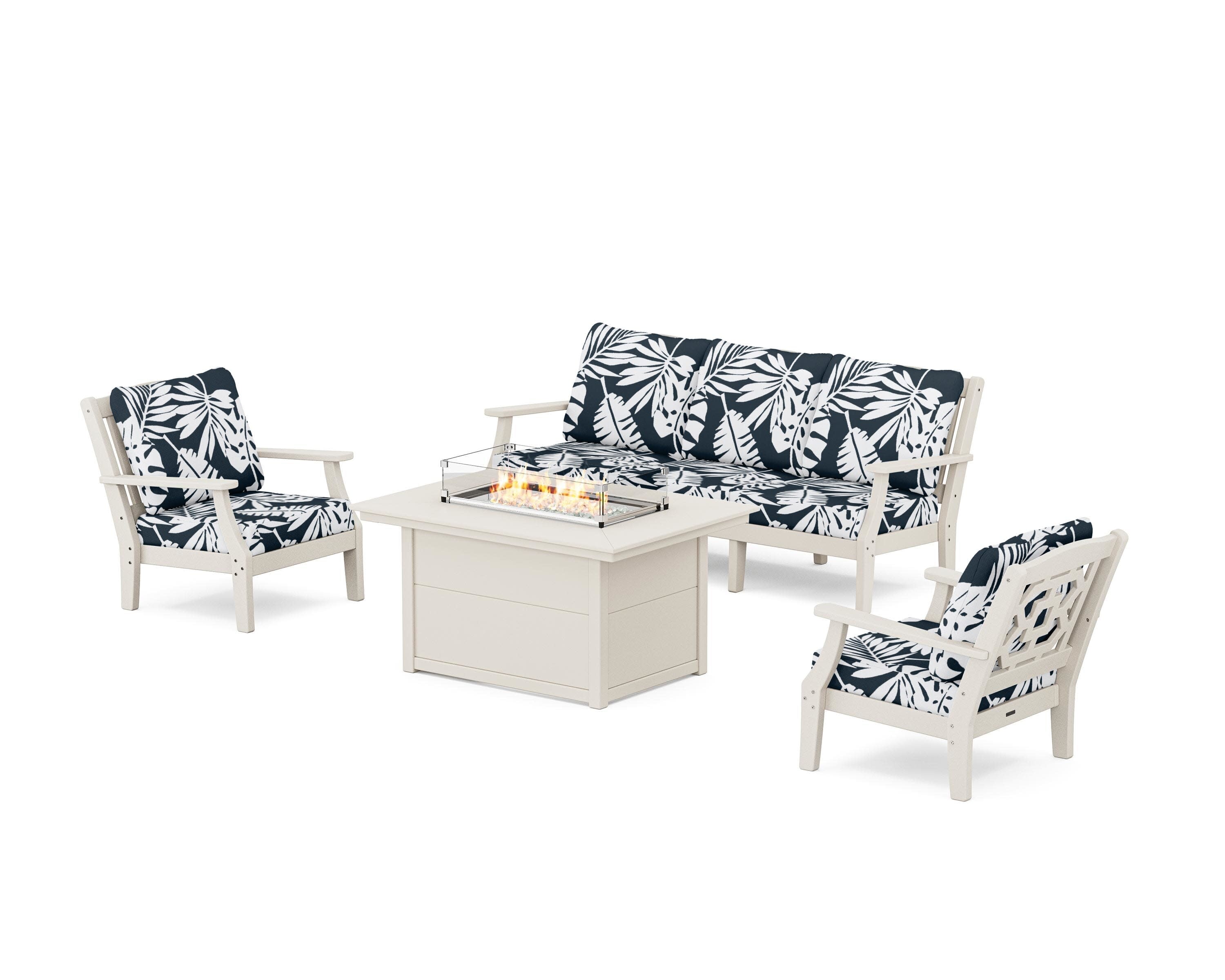 Chinoiserie Deep Seating Fire Pit Table Set in Sand / Leaf Marine Indigo