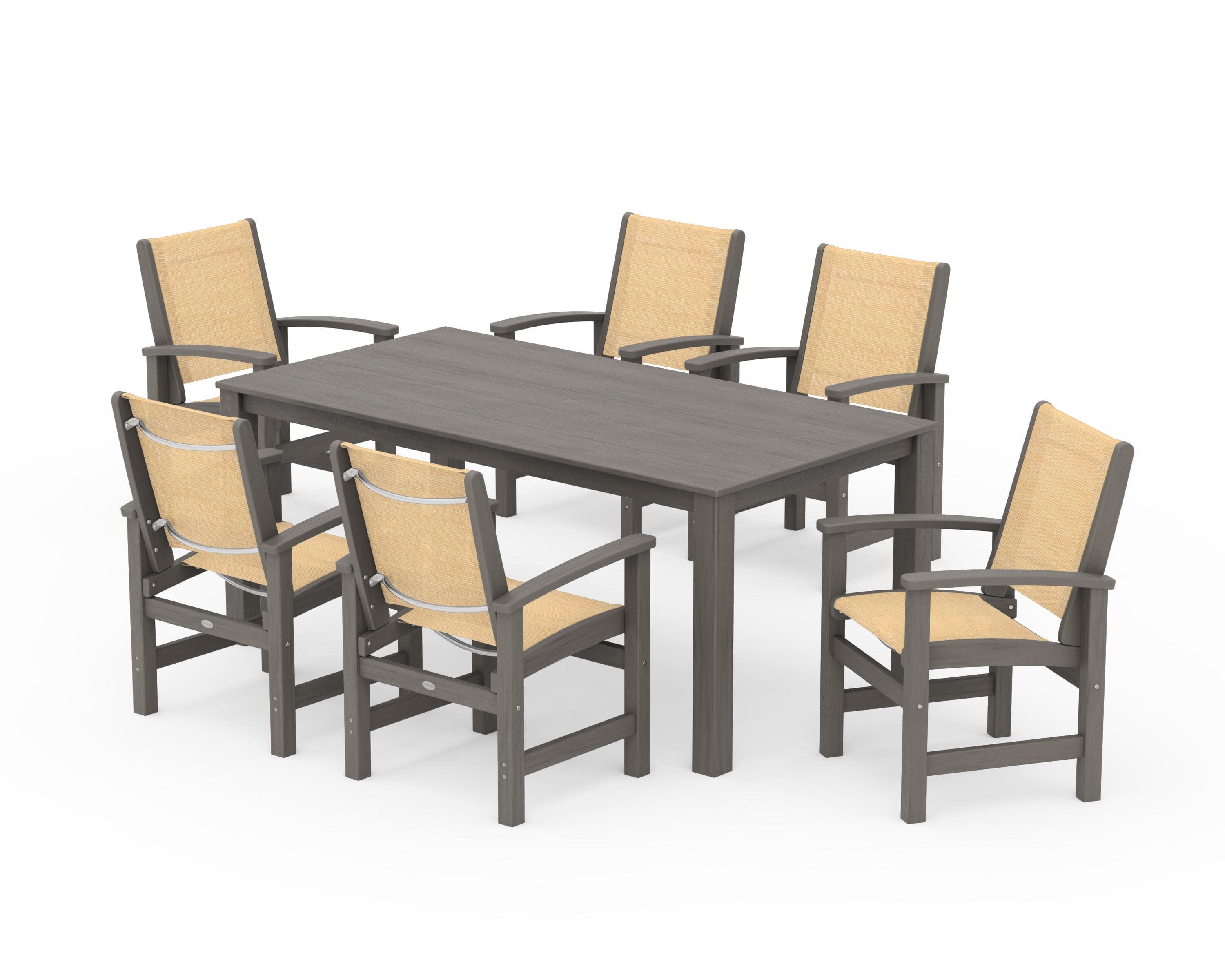 Coastal 7-Piece Parsons Dining Set in Driftwood / Dupioni Apricot Sling