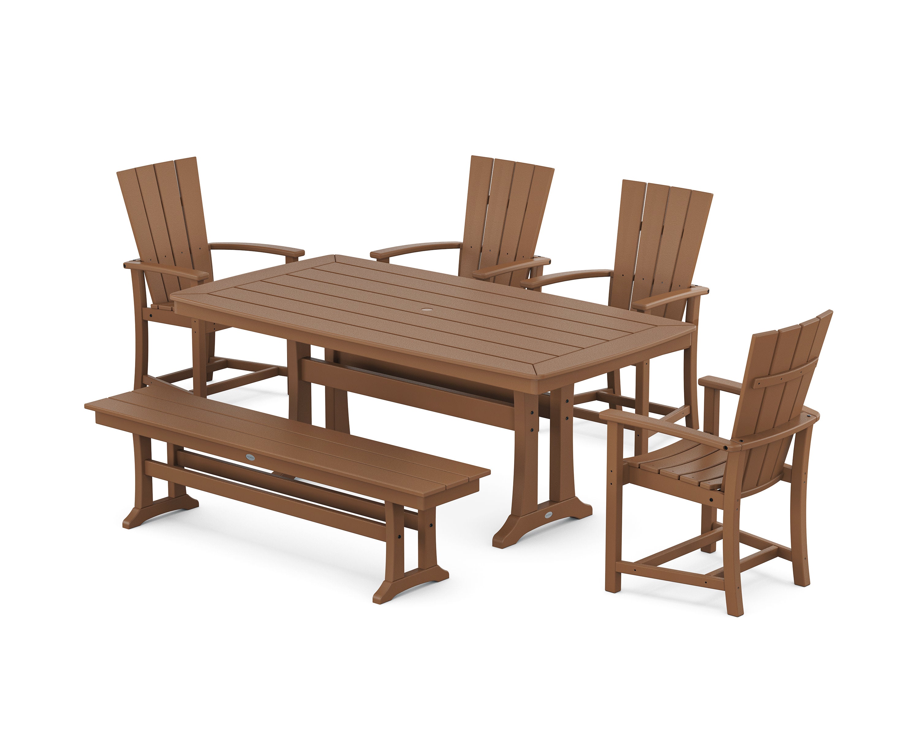 Quattro 6-Piece Dining Set with Trestle Legs and Bench in Teak