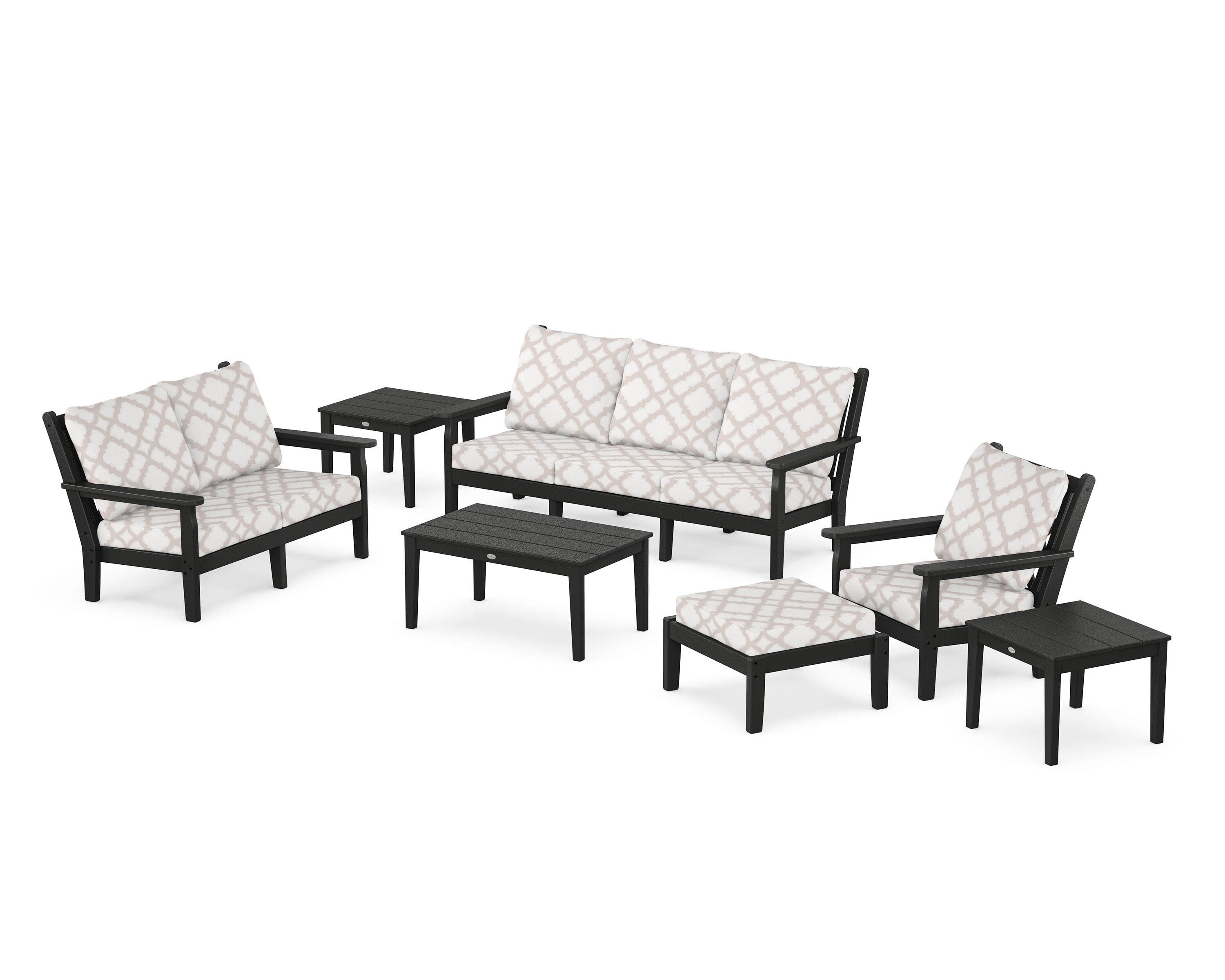 Chippendale 7-Piece Deep Seating Set in Black / Trellis Dune Burlap