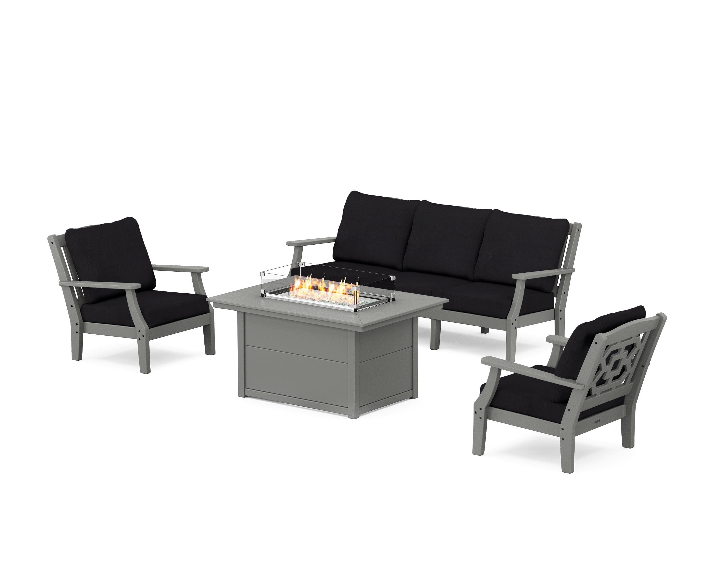 Chinoiserie Deep Seating Fire Pit Table Set in Slate Grey / Midnight Linen