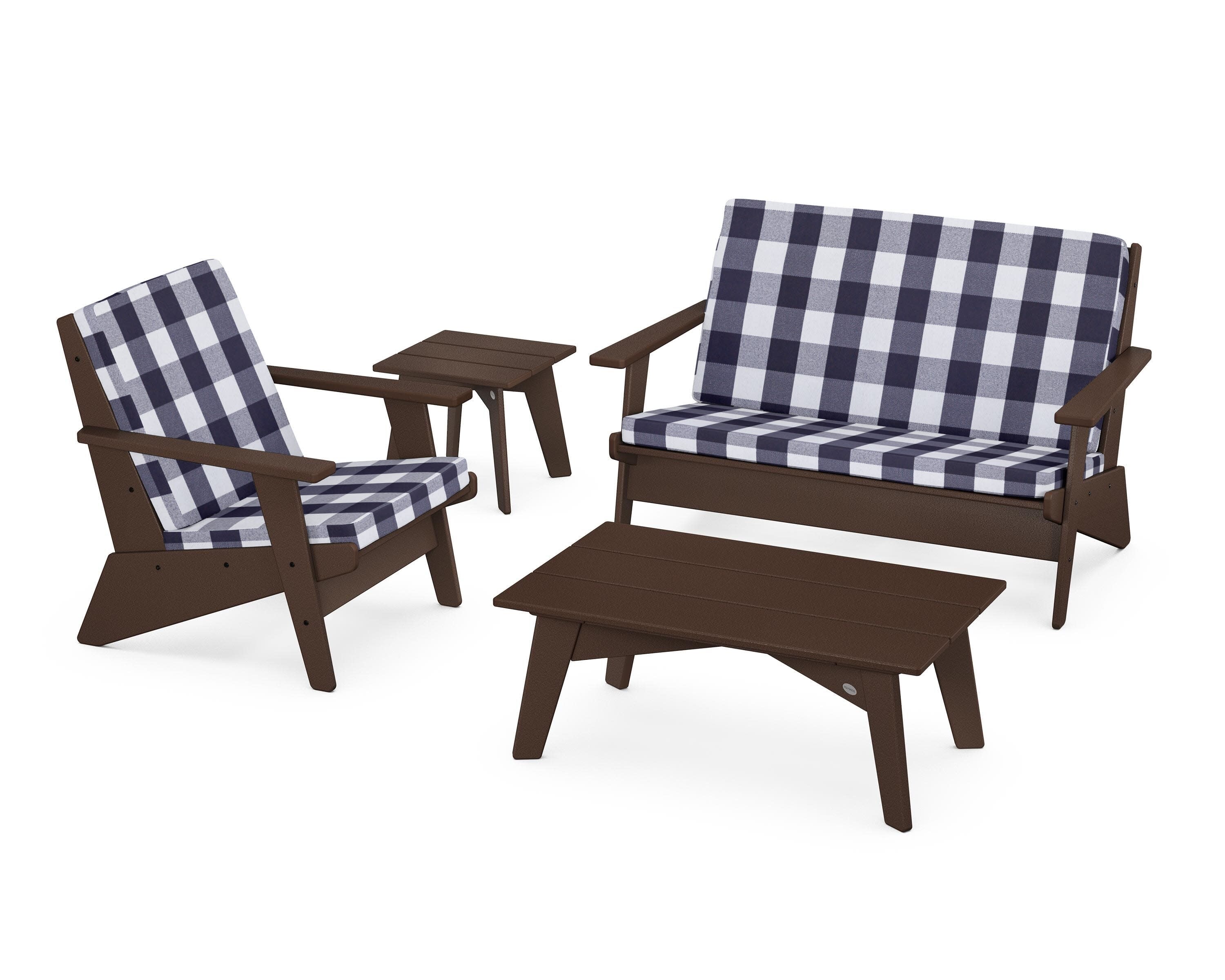 Riviera Modern Lounge 4-Piece Set in Mahogany / Buffalo Plaid Navy