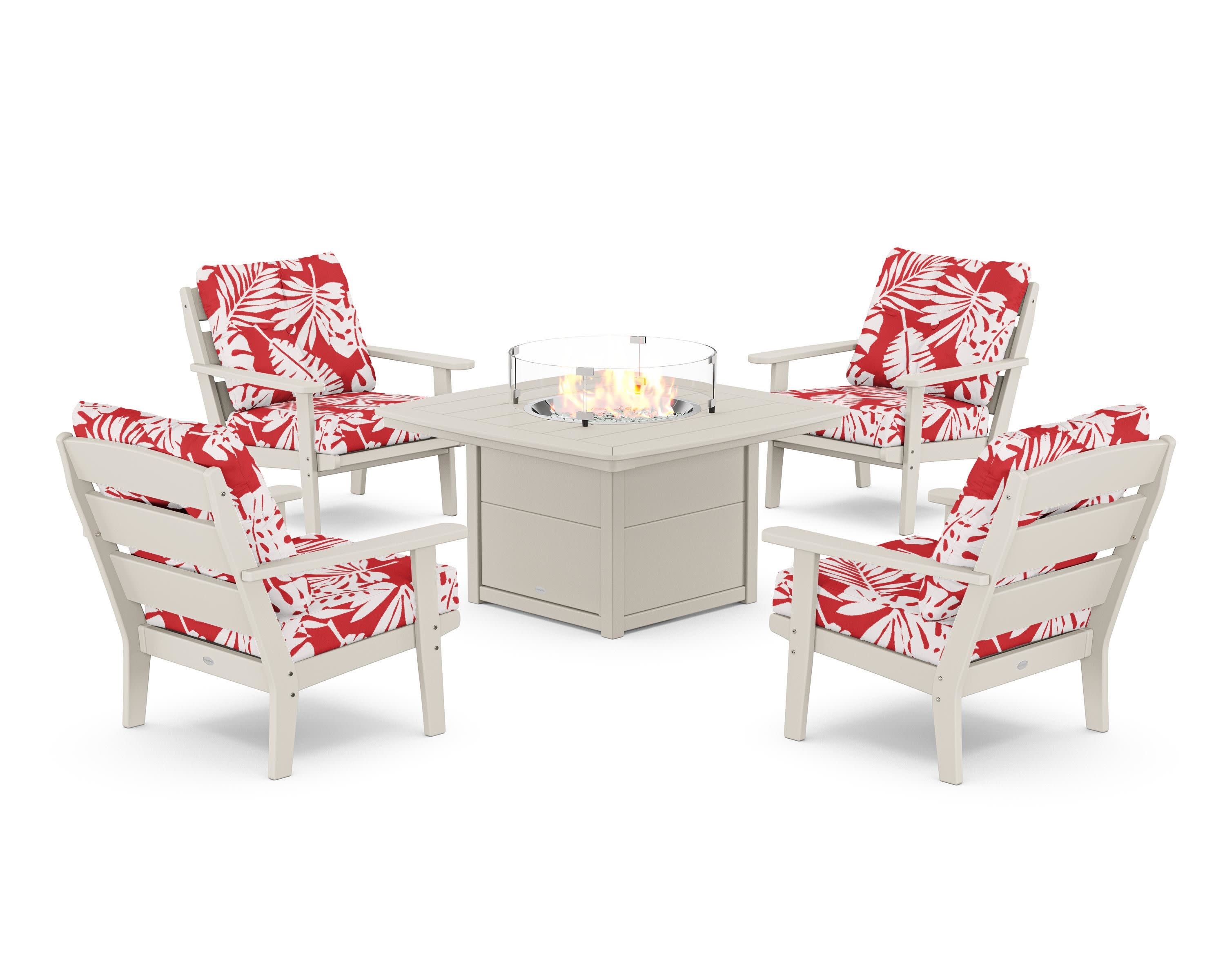 Lakeside 5-Piece Deep Seating Set with Nautical Fire Pit Table in Sand / Leaf Crimson