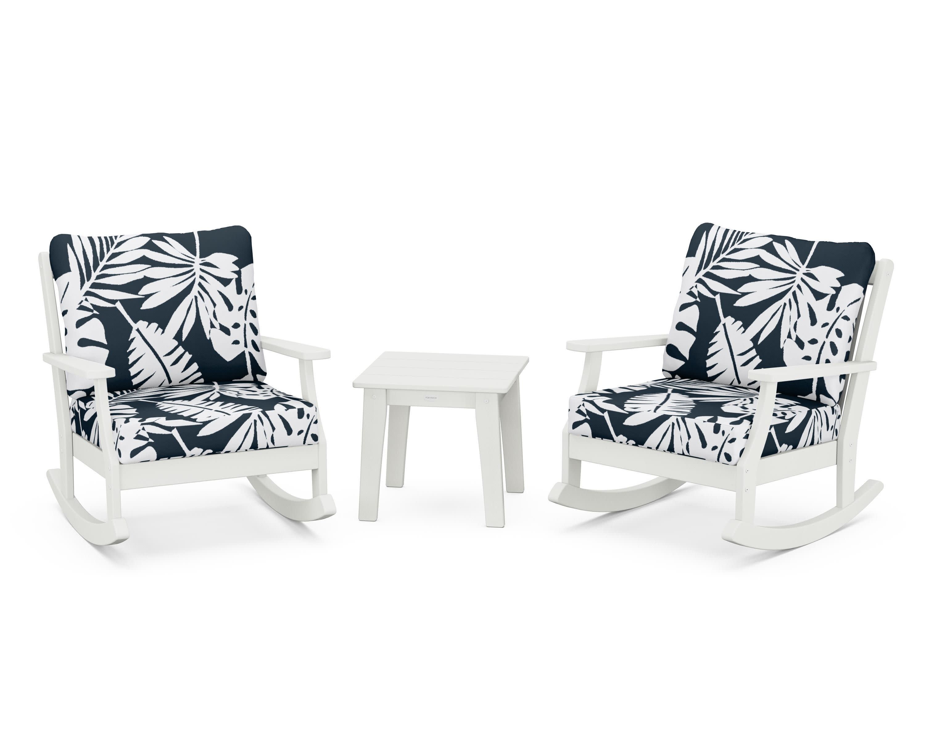 Braxton 3-Piece Deep Seating Rocker Set in Vintage White / Leaf Marine Indigo