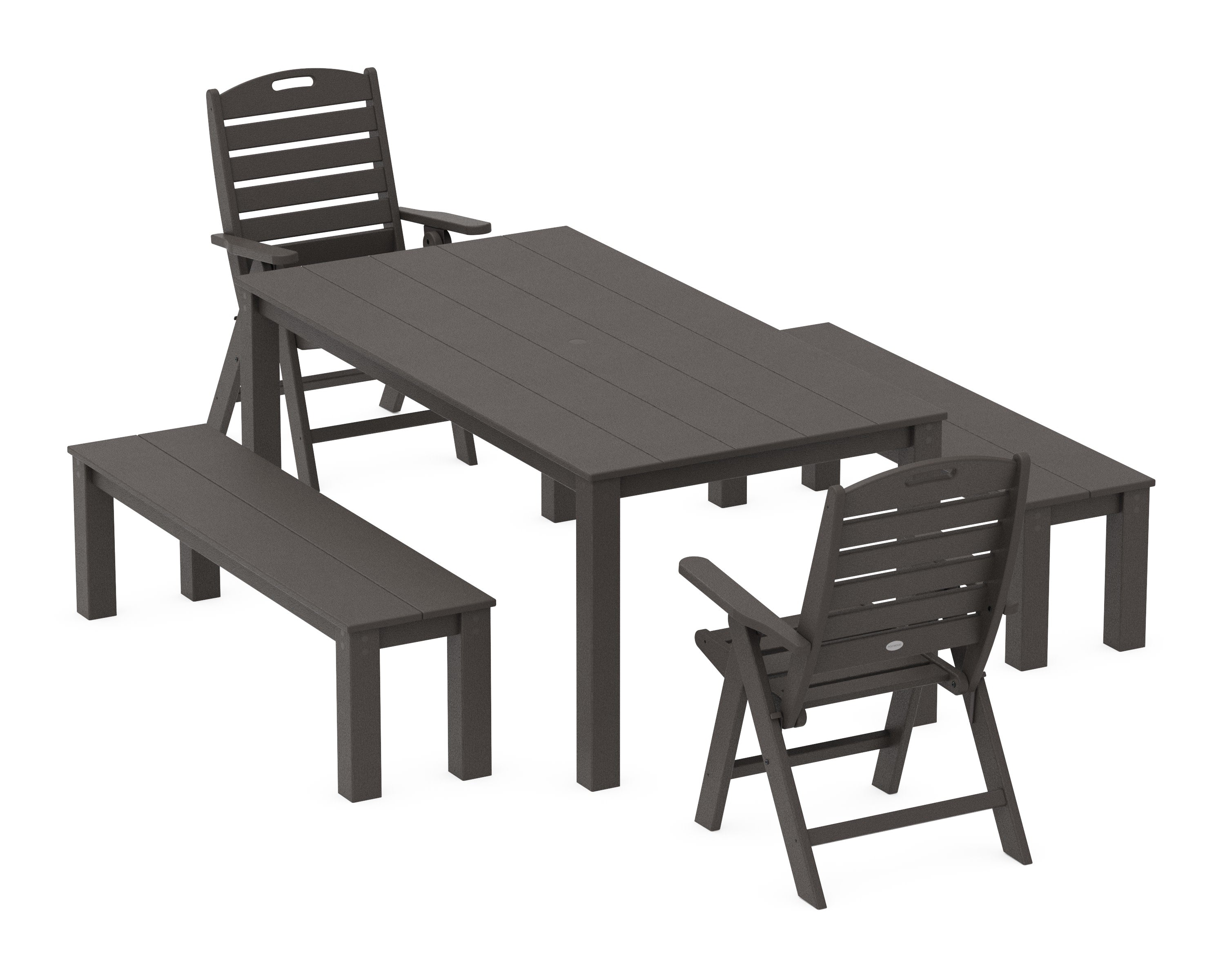 Nautical Folding Highback Chair 5-Piece Parsons Dining Set with Benches in Vintage Coffee