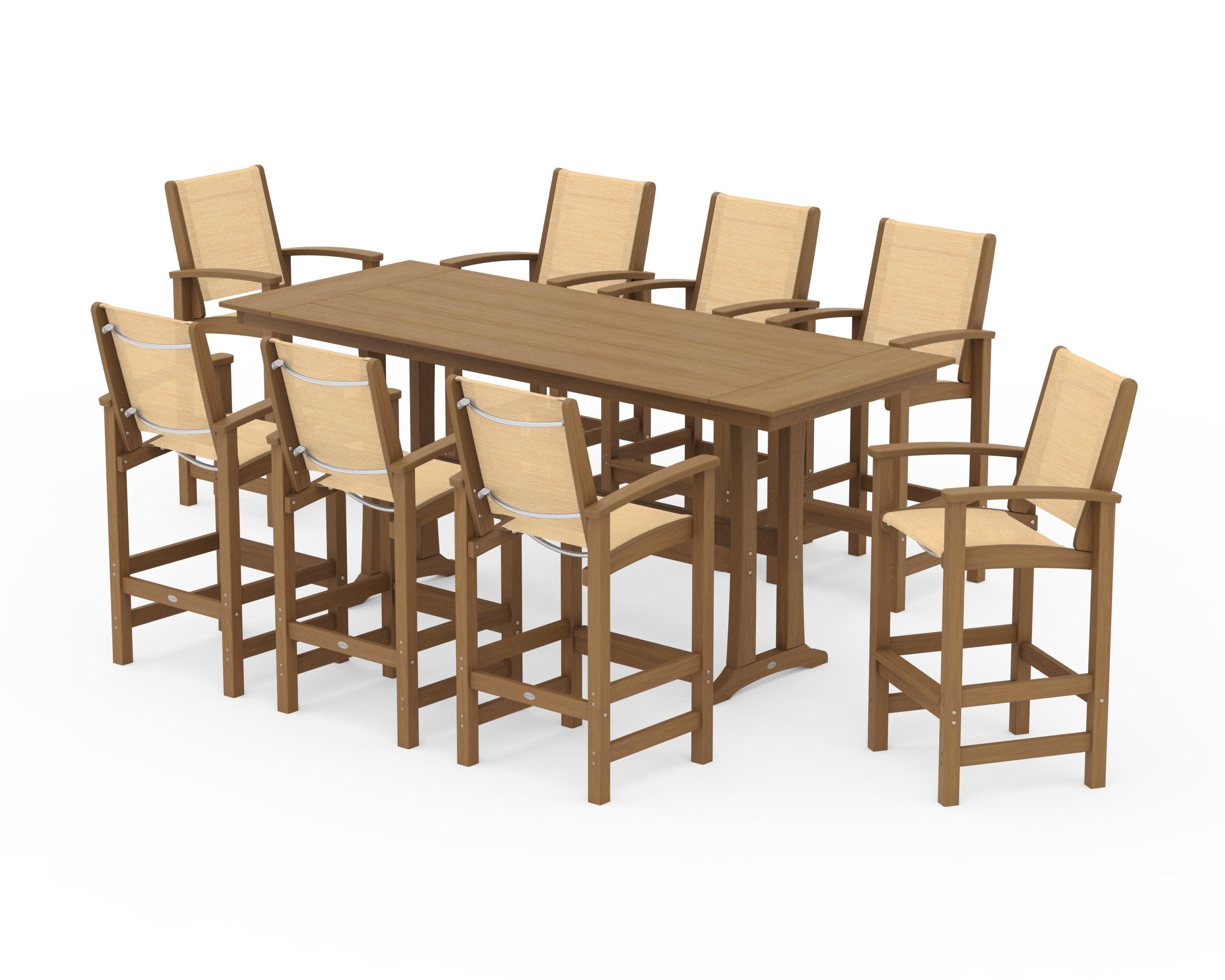 Coastal 9-Piece Farmhouse Bar Set with Trestle Legs in Natural / Dupioni Apricot Sling