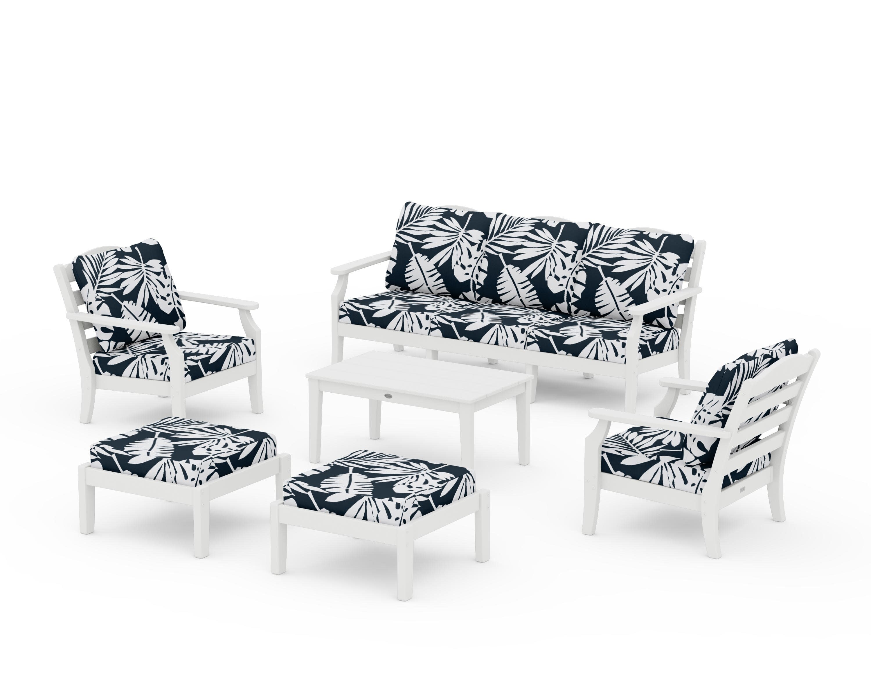 Savannah 6-Piece Lounge Sofa Set in Vintage White / Leaf Marine Indigo