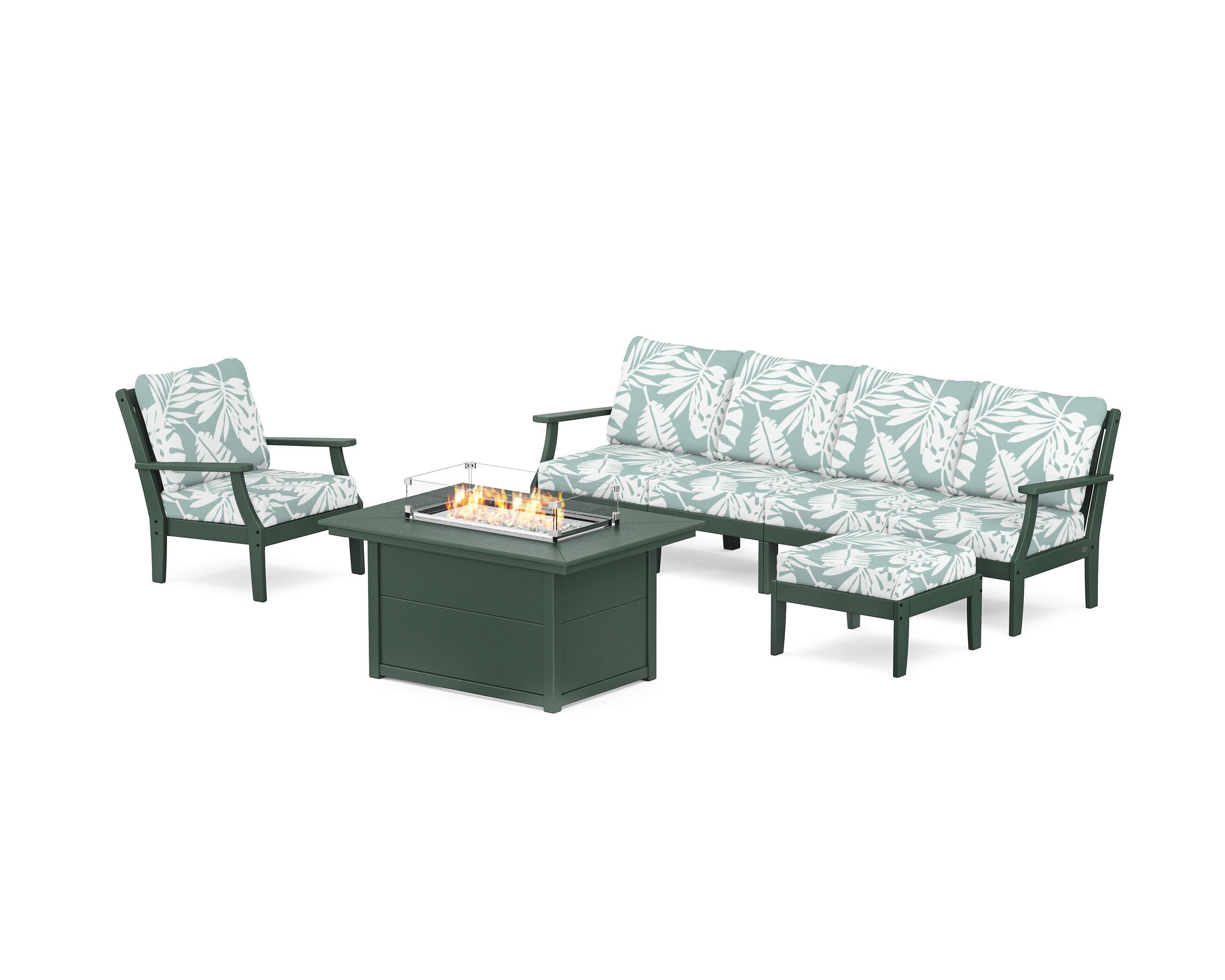 Braxton Sectional Lounge and Fire Pit Set in Green / Leaf Glacier Spa