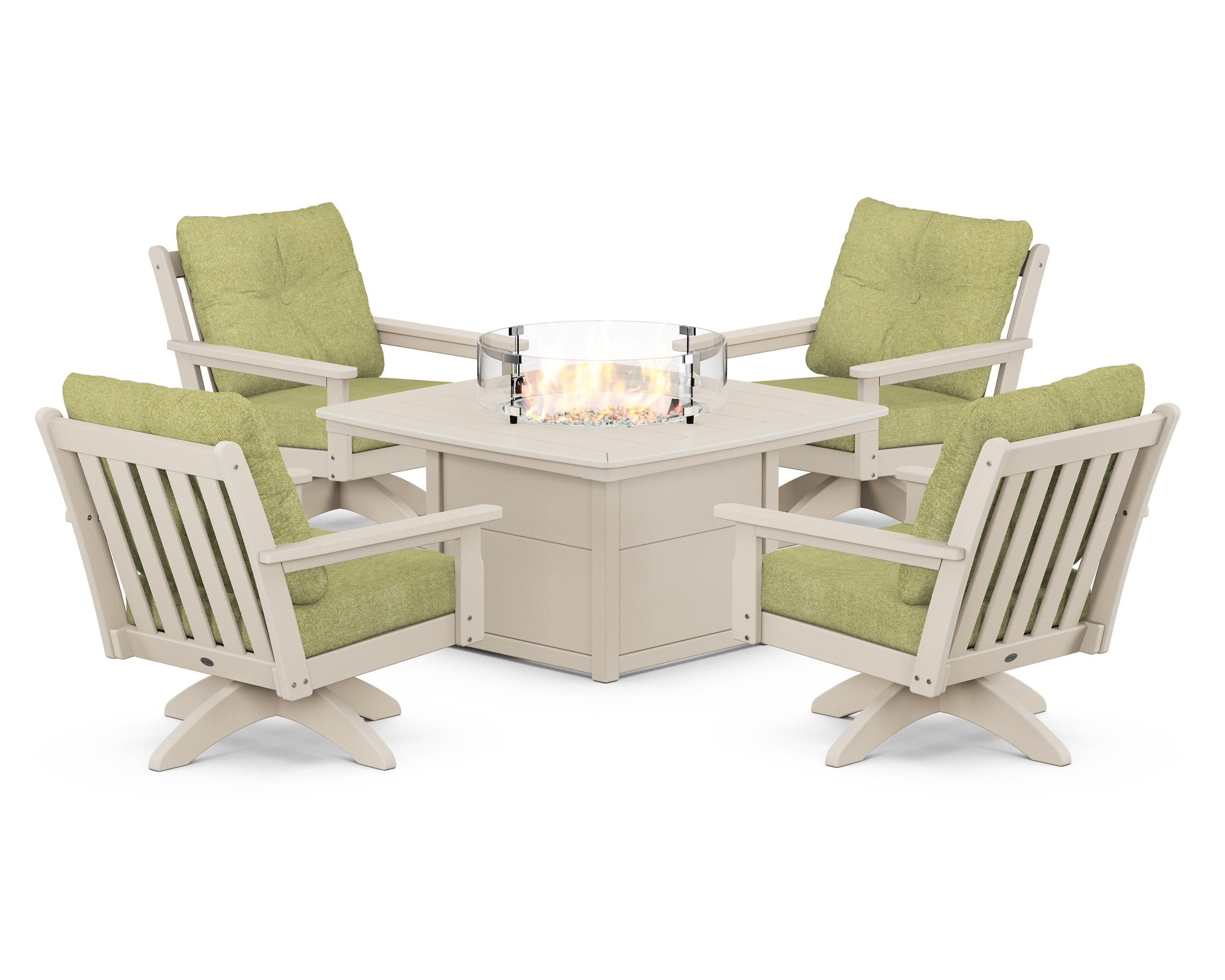 Vineyard 5-Piece Deep Seating Swivel Conversation Set with Fire Pit Table in Sand / Chartreuse Boucle