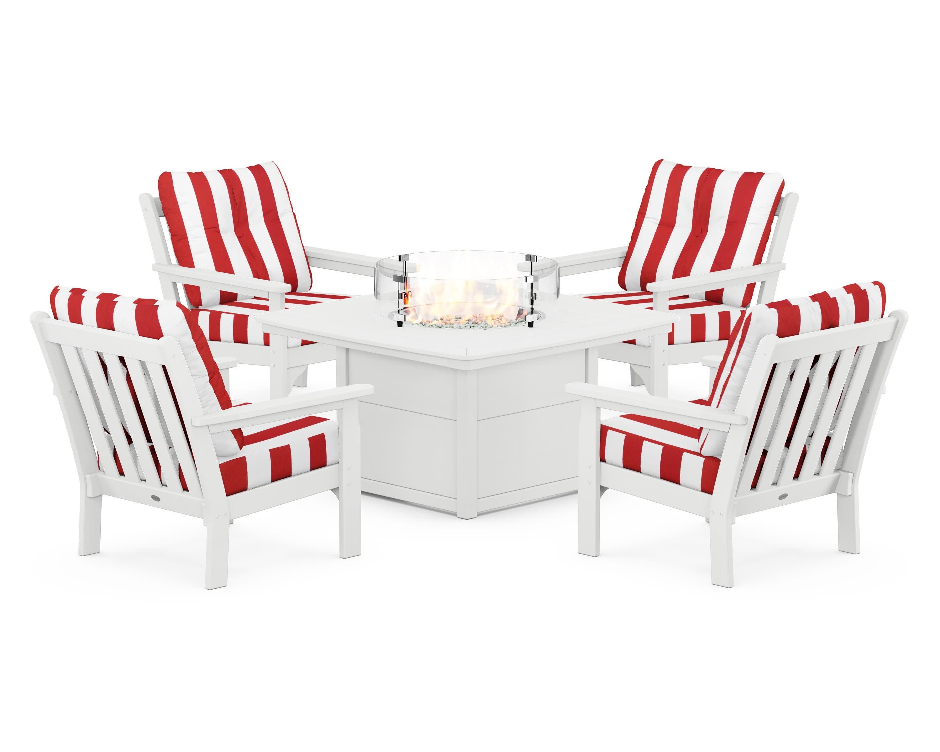 Vineyard 5-Piece Conversation Set with Fire Pit Table in White / Cabana Stripe Crimson