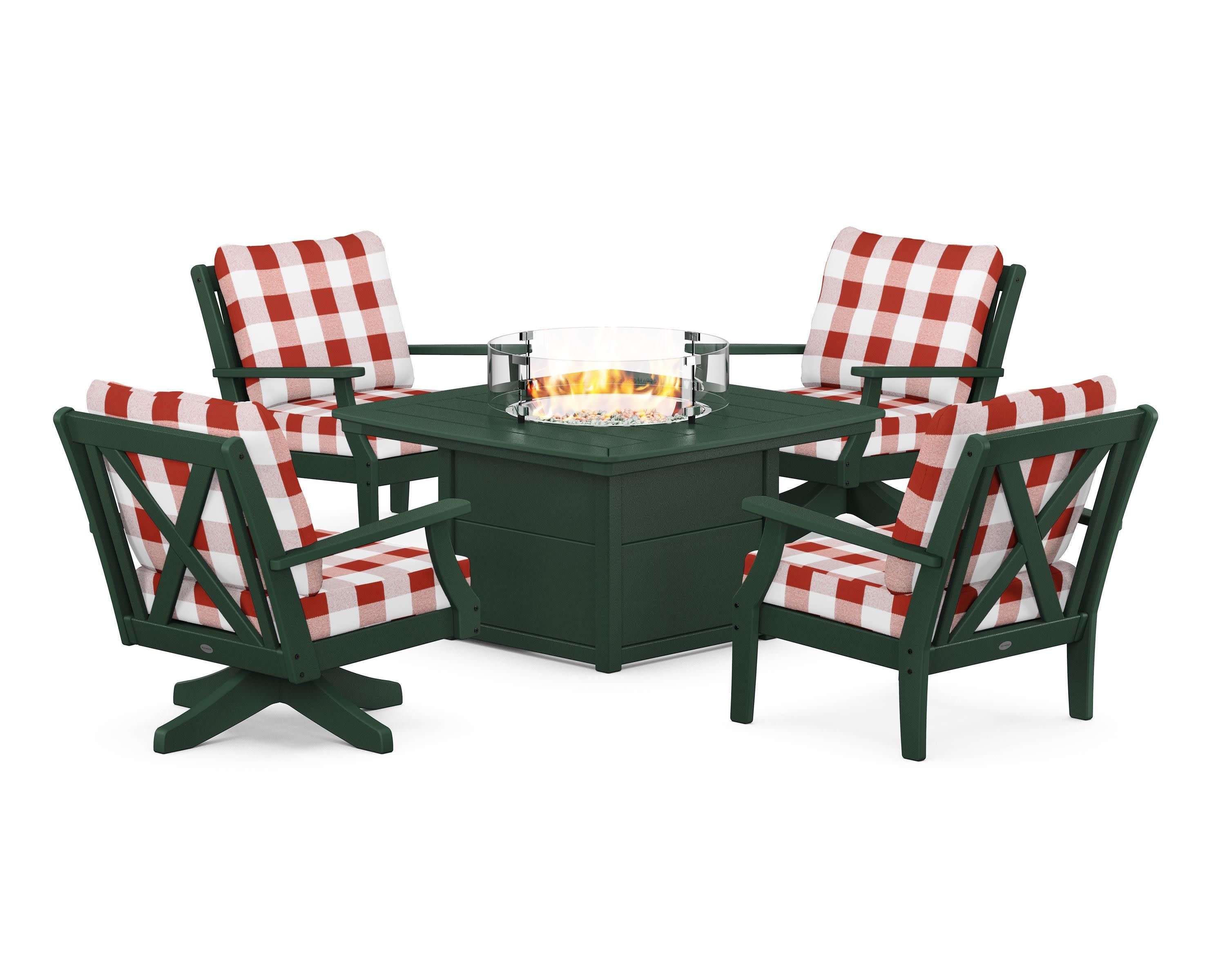 Braxton 5-Piece Deep Seating Set with Fire Table in Green / Buffalo Plaid Crimson