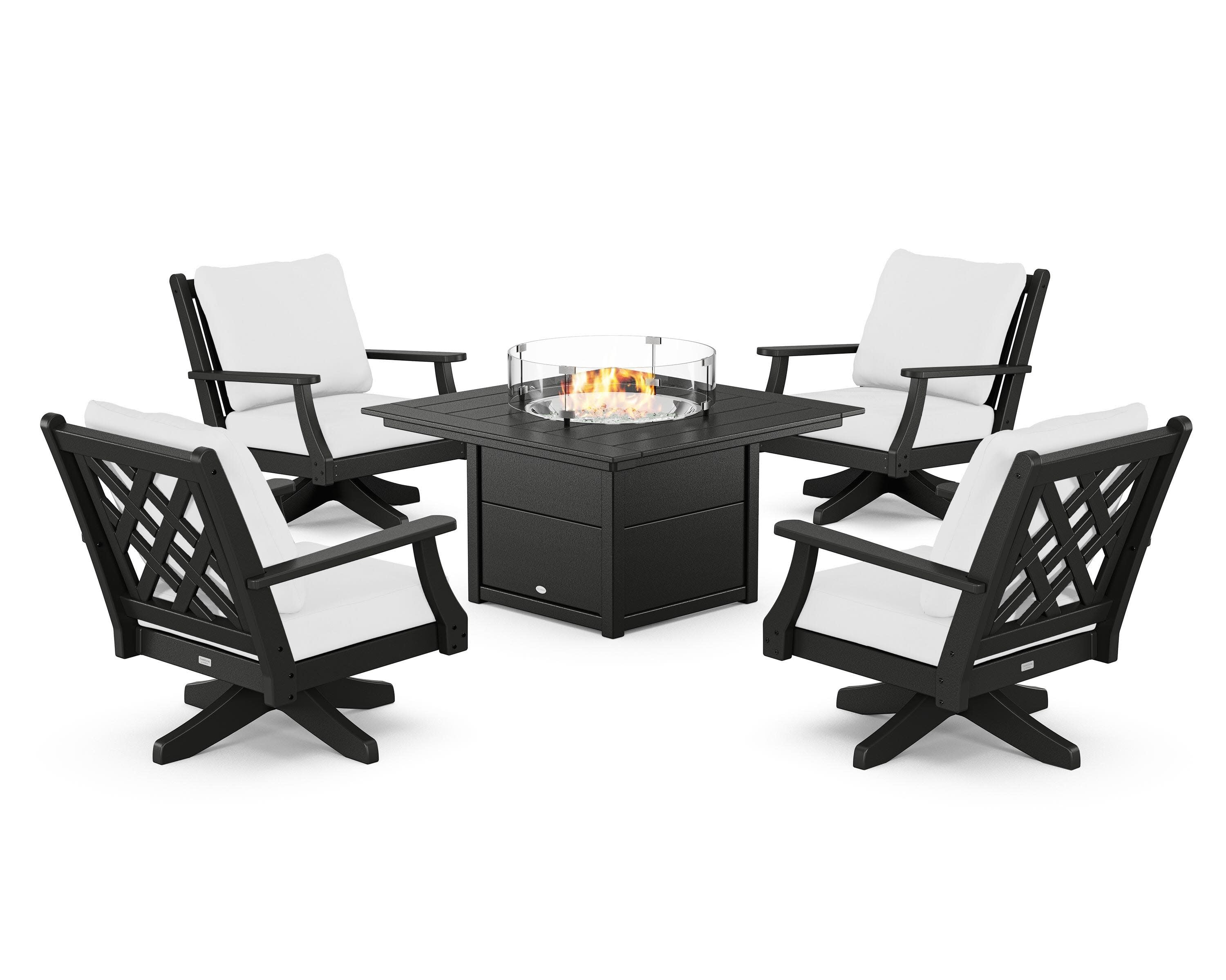 Wovendale 5-Piece Deep Seating Swivel Conversation Set with Fire Pit Table in Black / Natural