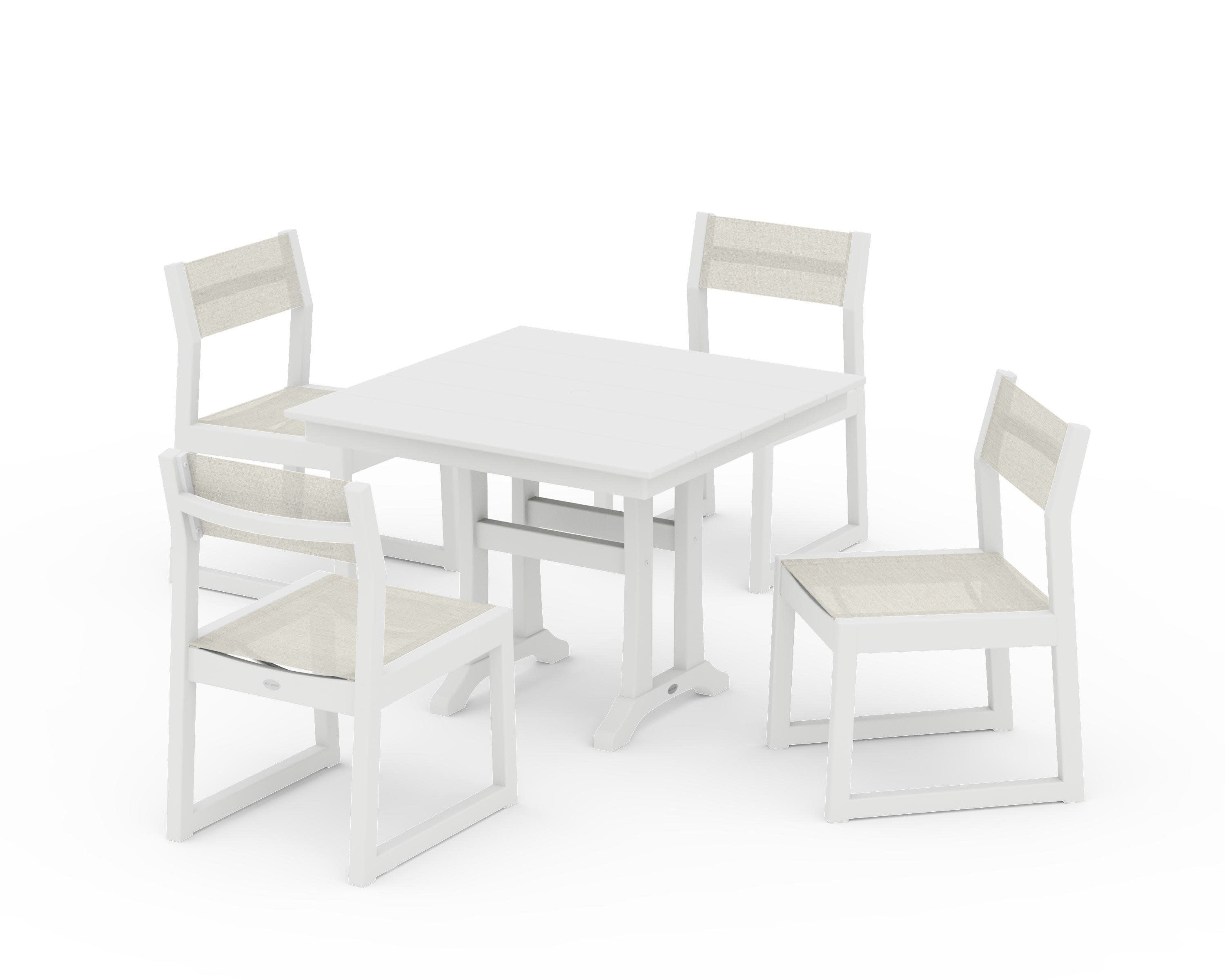 EDGE Sling 5-Piece Farmhouse Trestle Side Chair Dining Set in White / Parchment Sling