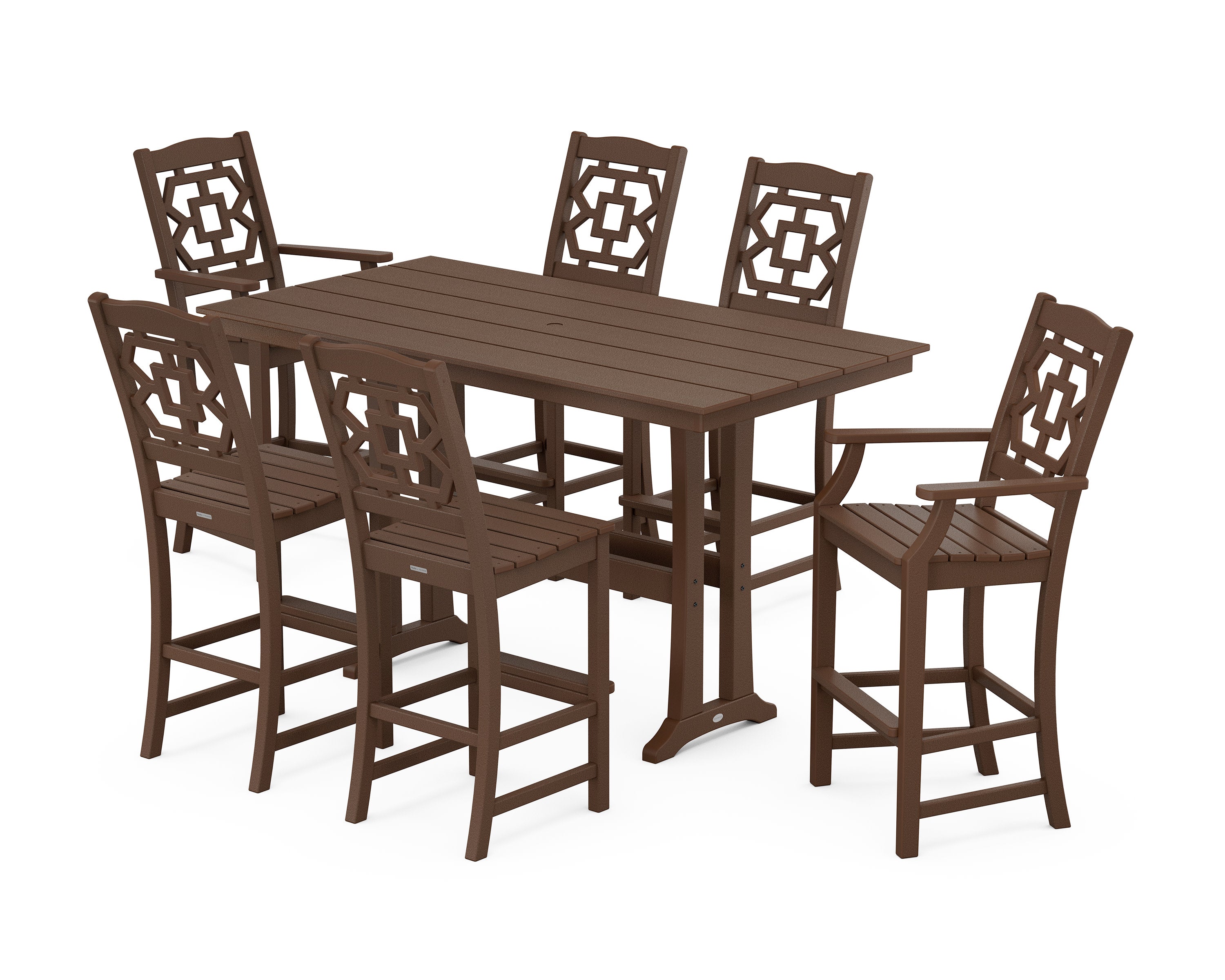 Chinoiserie 7-Piece Farmhouse Bar Set with Trestle Legs in Mahogany