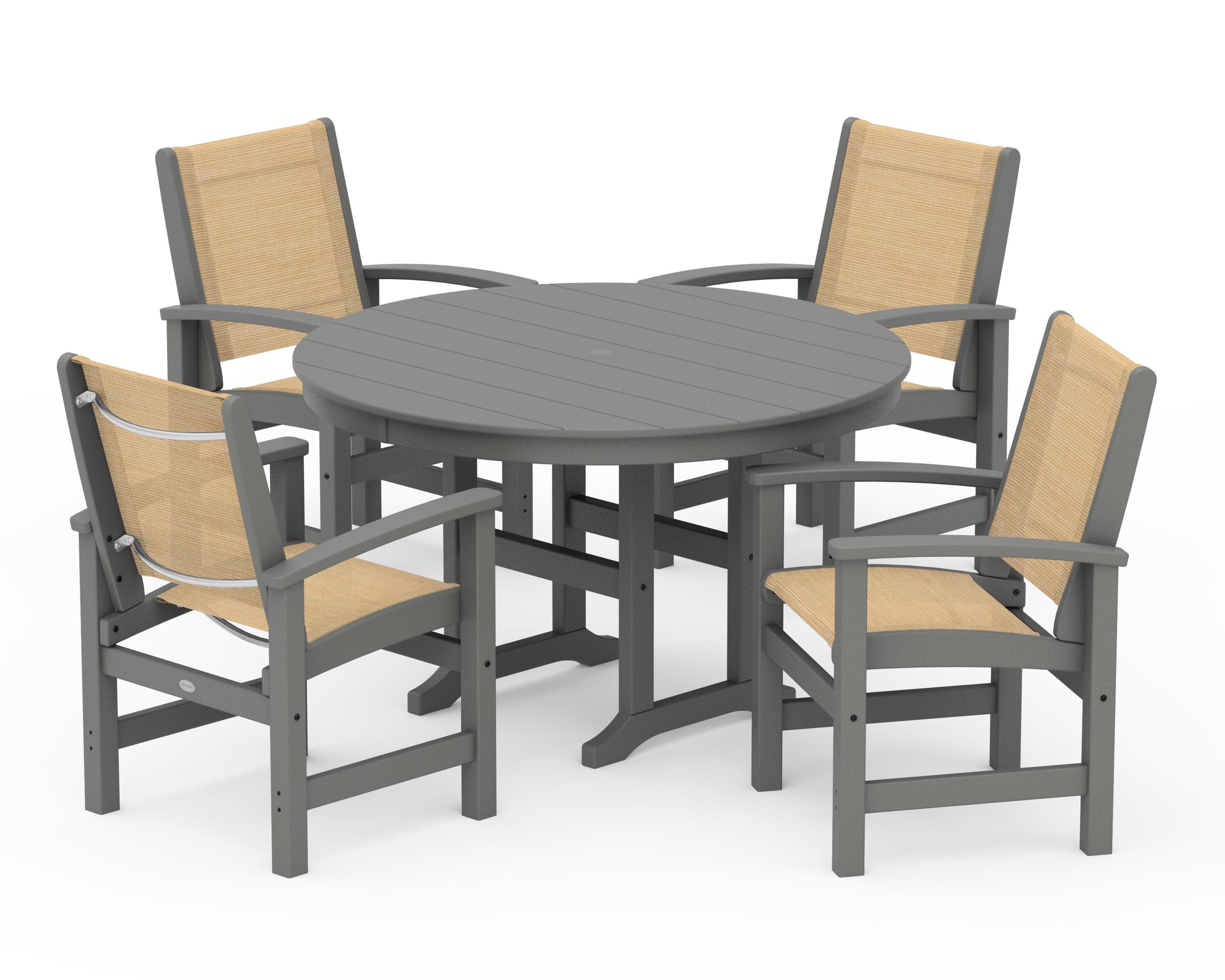 Coastal 5-Piece Round Farmhouse Dining Set in Slate Grey / Dupioni Apricot Sling