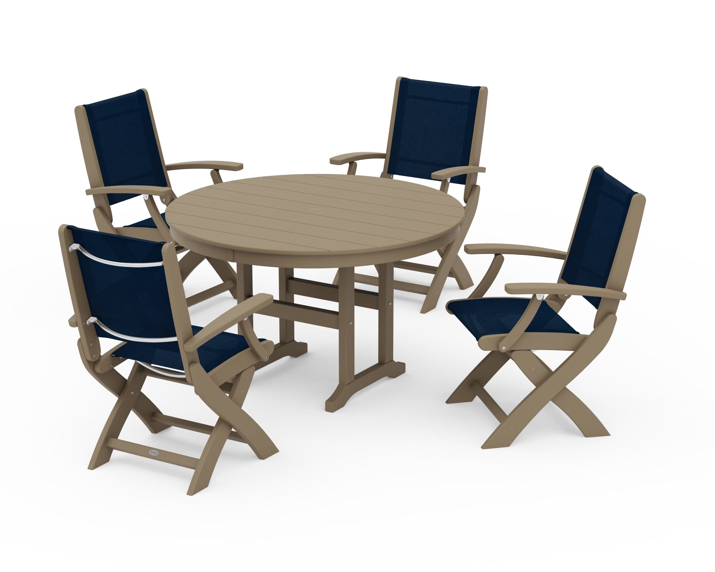 Coastal Folding Chair 5-Piece Round Dining Set in Vintage Sahara / Navy Blue Sling