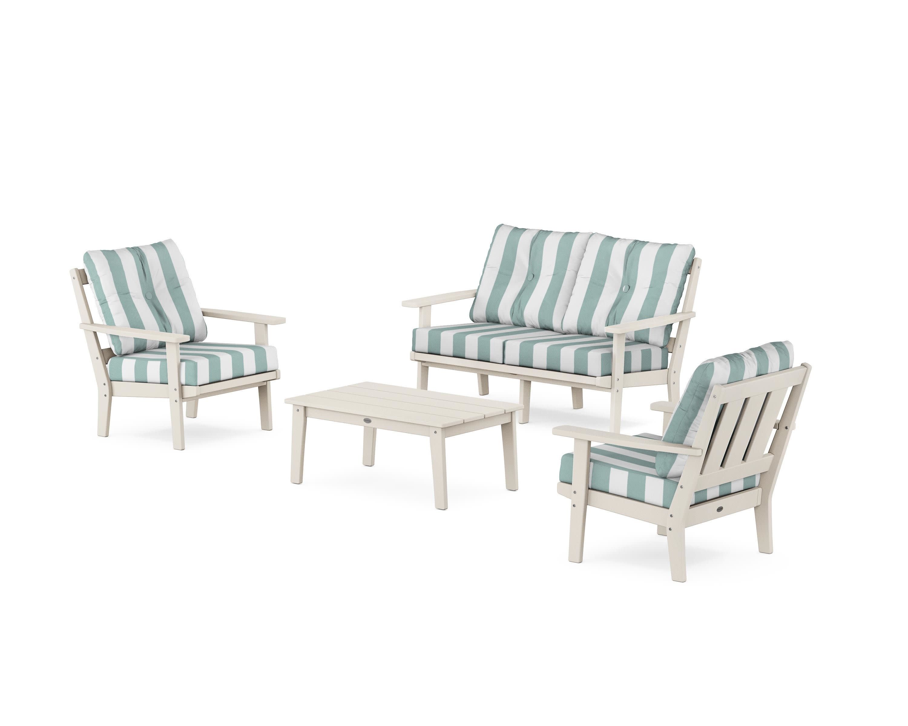 Oxford 4-Piece Deep Seating Set with Loveseat in Sand / Cabana Stripe Glacier Spa