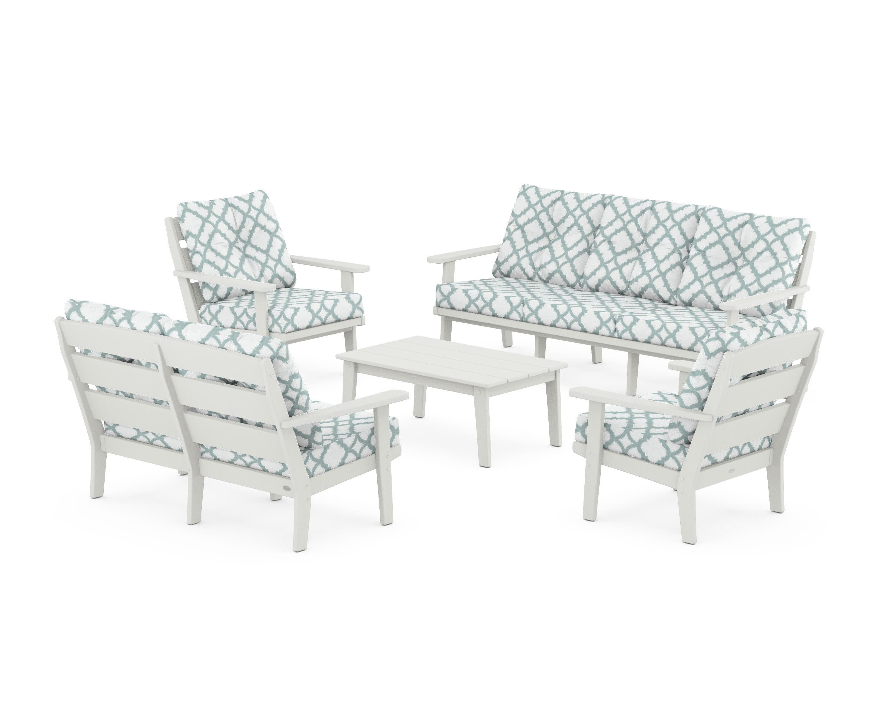 Lakeside 5-Piece Lounge Sofa Set in Vintage White / Trellis Glacier Spa