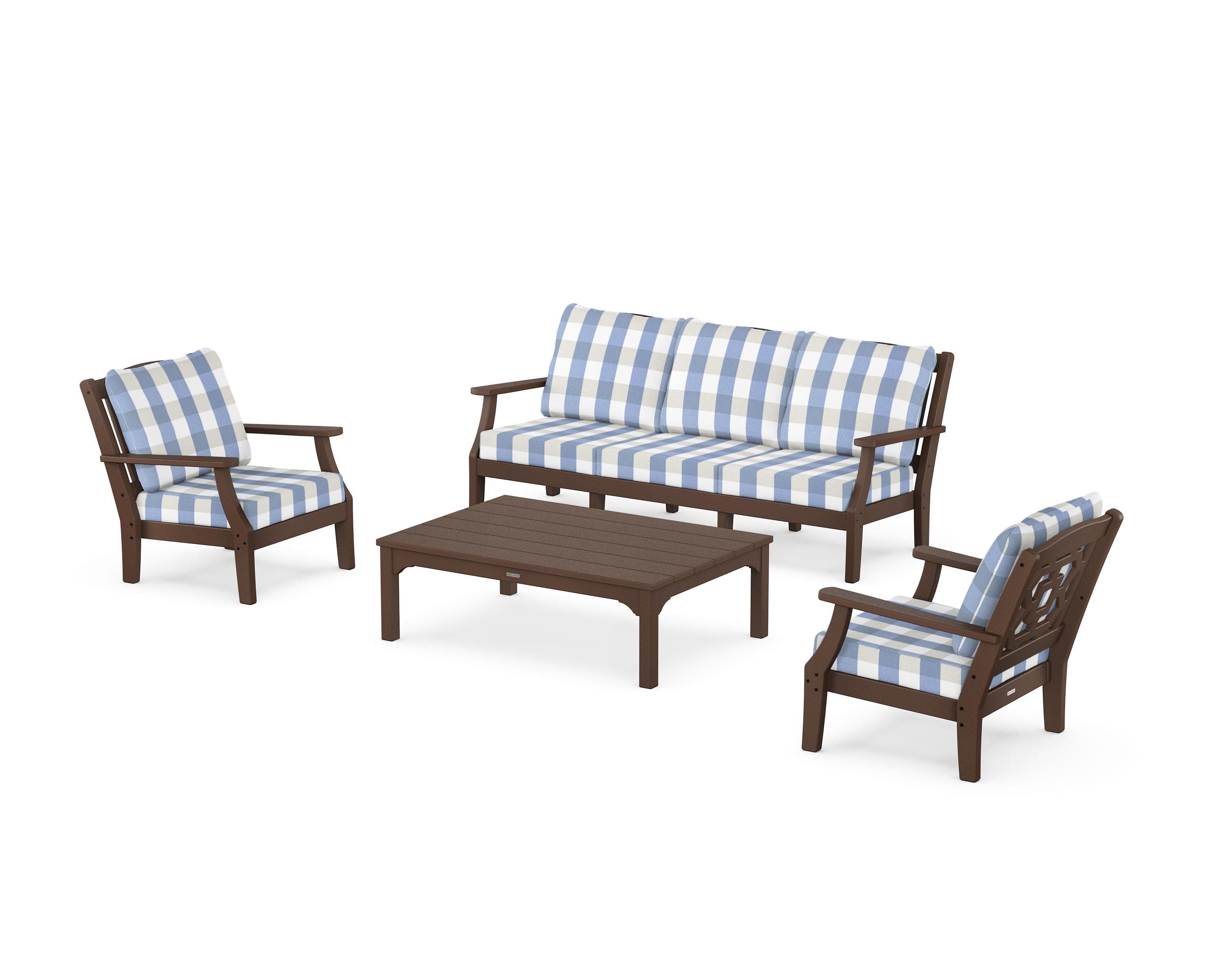 Chinoiserie 4-Piece Deep Seating Set with Sofa in Mahogany / Buffalo Plaid Sky Blue