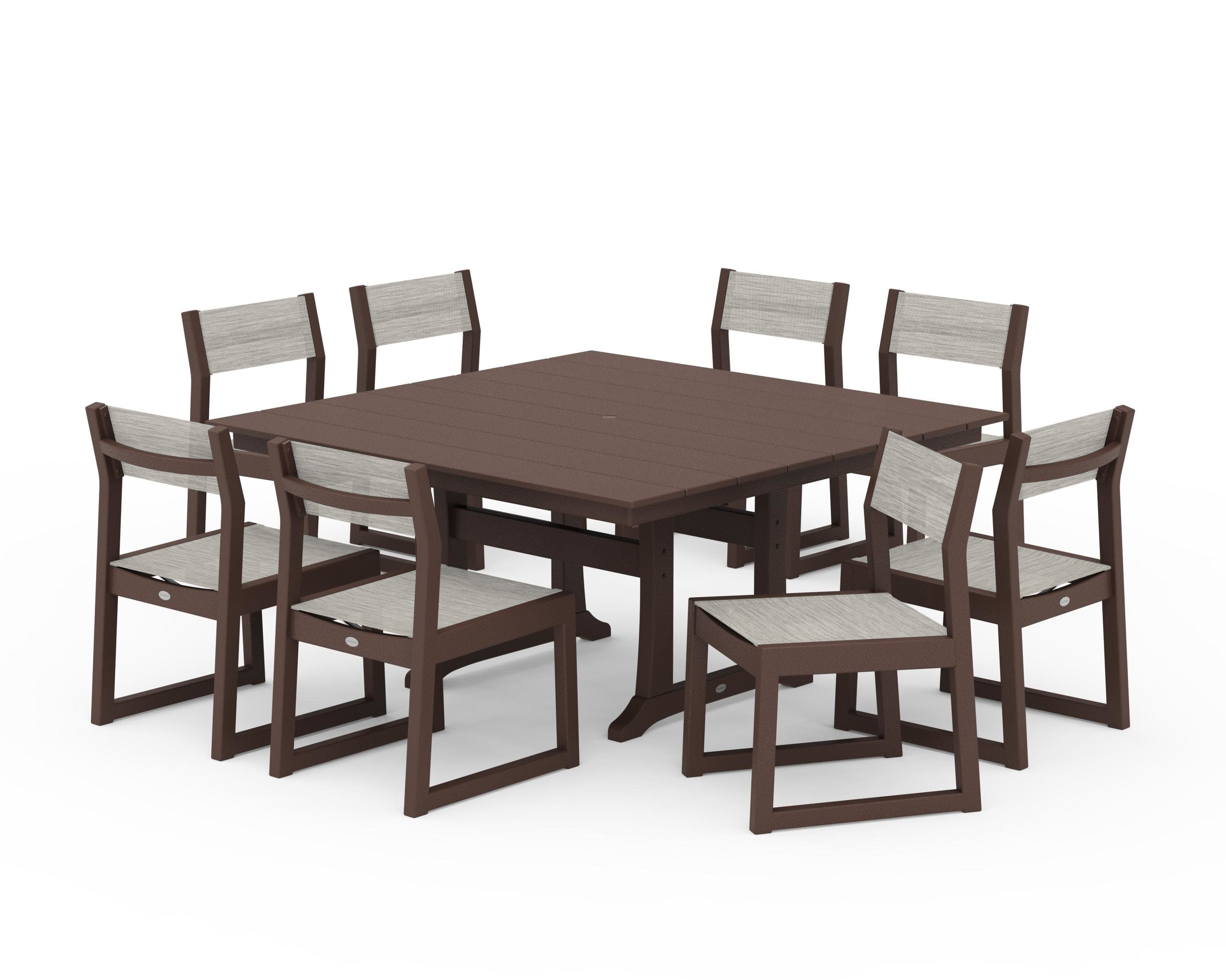 EDGE Sling Side Chair 9-Piece Farmhouse Trestle Dining Set in Mahogany / Birch Sling