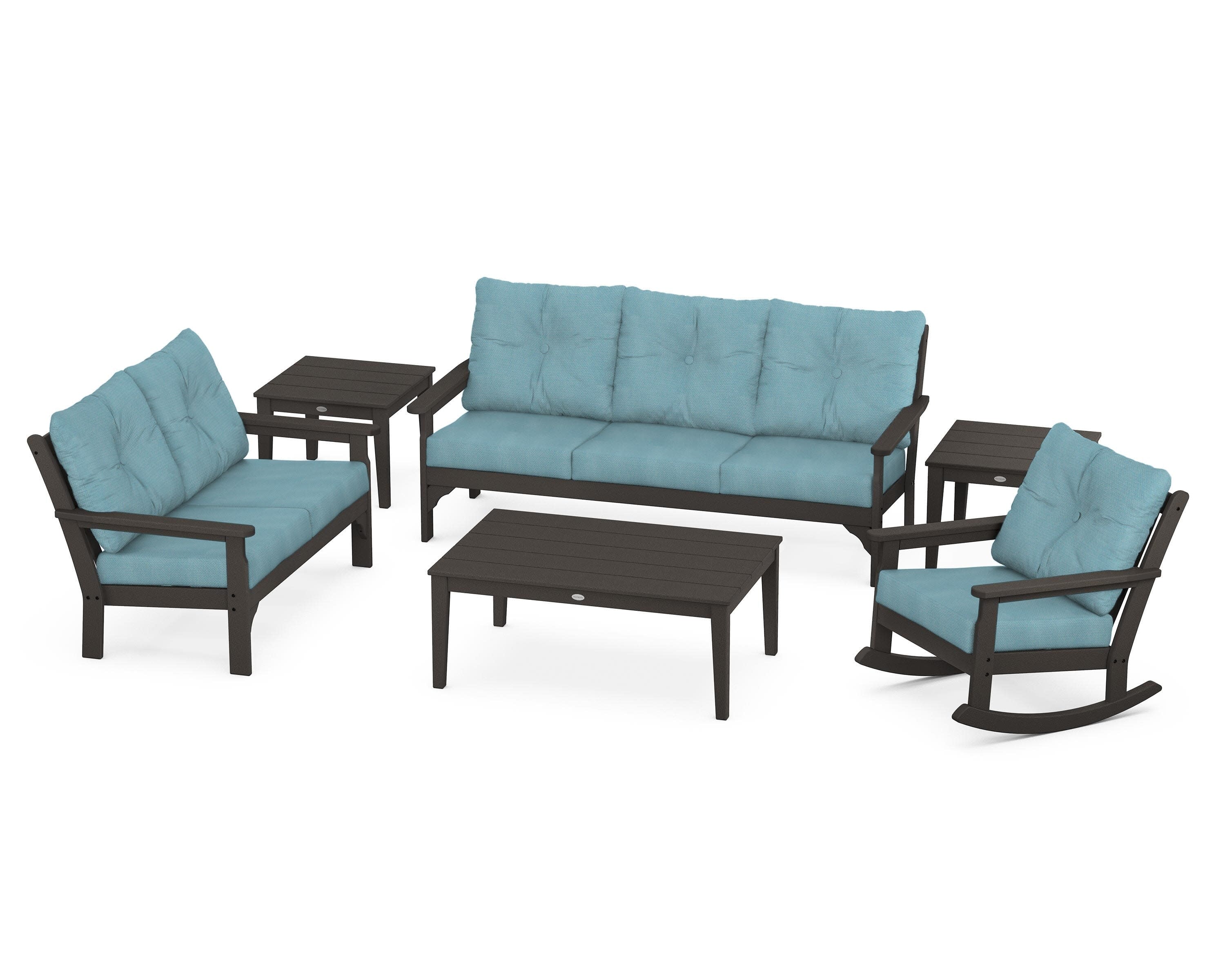 Vineyard 6-Piece Deep Seating Set in Vintage Coffee / Lattice Sky Blue